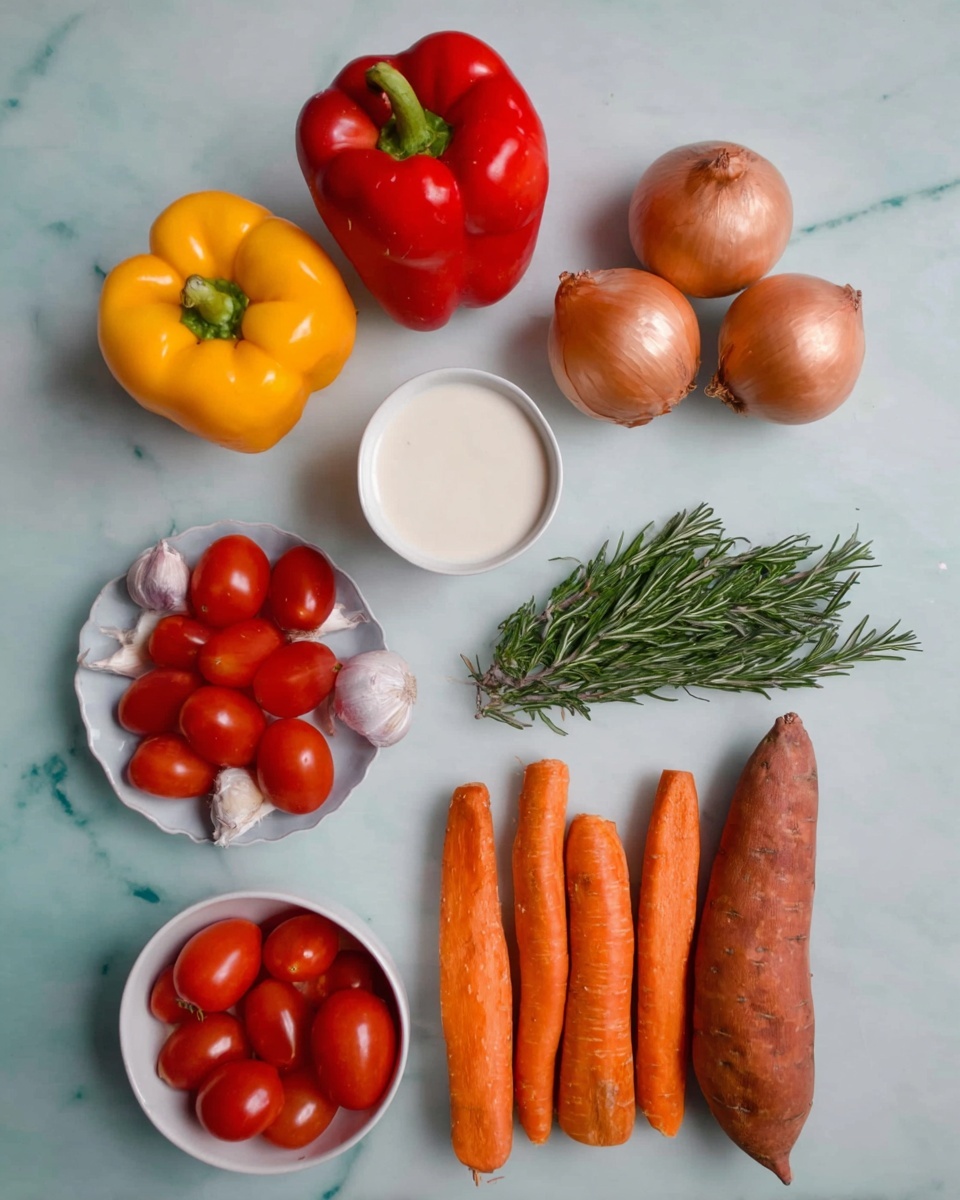 The image shows an arrangement of fresh vegetables and ingredients on a white marbled surface. Starting at the top left are two yellow bell peppers and one red bell pepper, all bright and smooth. To the right of them are three round brown onions with their skins on. Below the peppers, there is a small white bowl filled with a creamy white liquid. Near the center lies a small bunch of fresh green rosemary and five cloves of garlic with purplish skin. To the right of the rosemary, four long orange sweet potatoes are placed side by side. In the bottom left corner, a white bowl filled with shiny red tomatoes is visible. Below the sweet potatoes, five bright orange carrots with rough texture are lined up evenly. The photo taken with an iphone --ar 4:5 --v 7