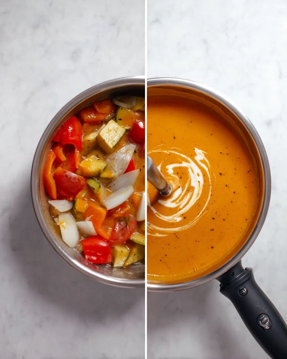The left side shows a silver bowl filled with cooked vegetables including orange bell peppers, red tomatoes, white onions, and yellow squash, all softened and mixed in some liquid. The right side shows the same silver bowl with the vegetables now blended into a smooth orange soup, with a swirl of white cream on top and a black immersion blender placed inside the bowl. The scene is set on a white marbled surface. photo taken with an iphone --ar 4:5 --v 7