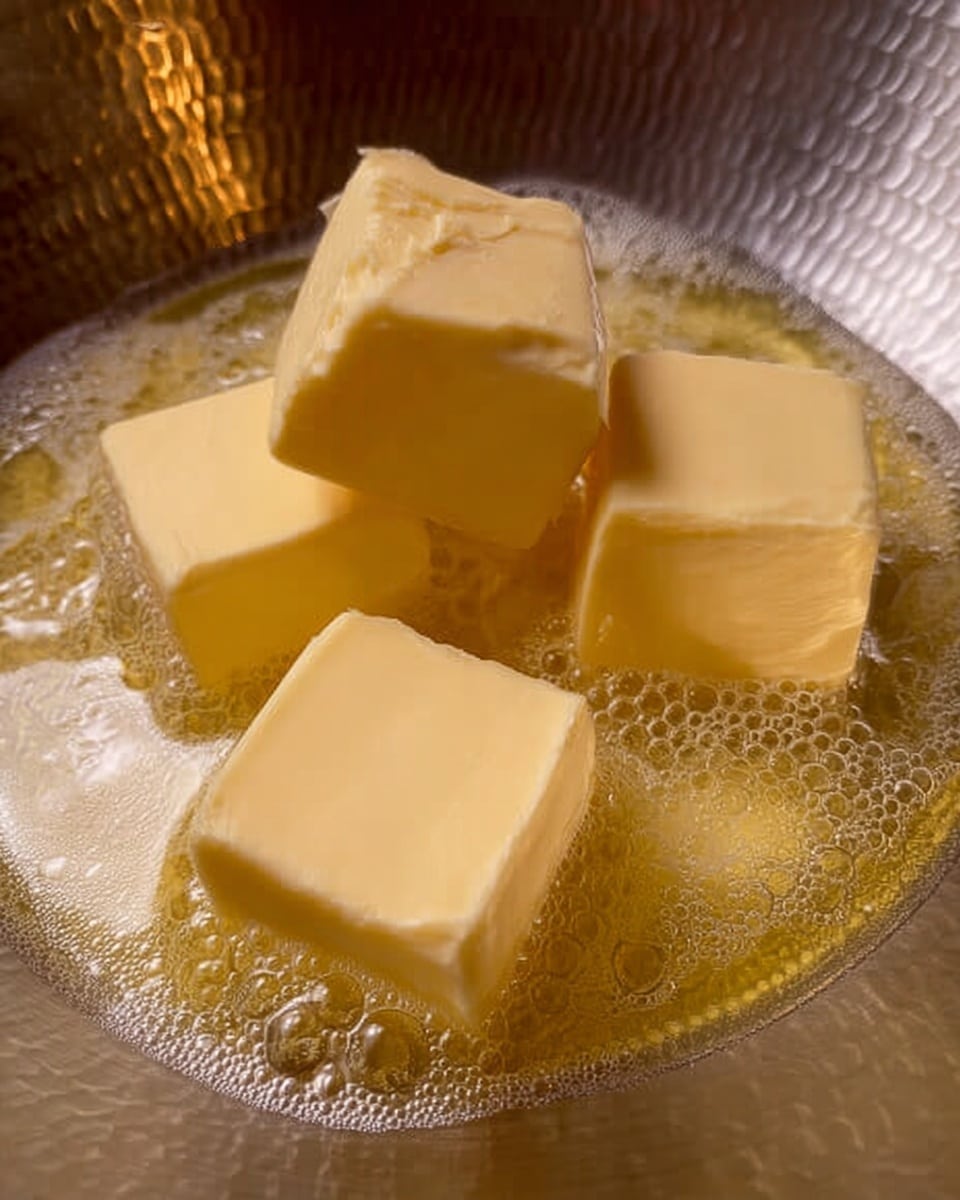 The image shows four thick, yellow cubes of butter melting in a shiny, hammered metal pan. The butter is partially melted, creating golden, bubbly liquid pooling around the solid pieces. The smooth, creamy texture of the butter contrasts with the textured surface of the pan, and small bubbles form at the edges where heat causes the butter to sizzle. photo taken with an iphone --ar 4:5 --v 7