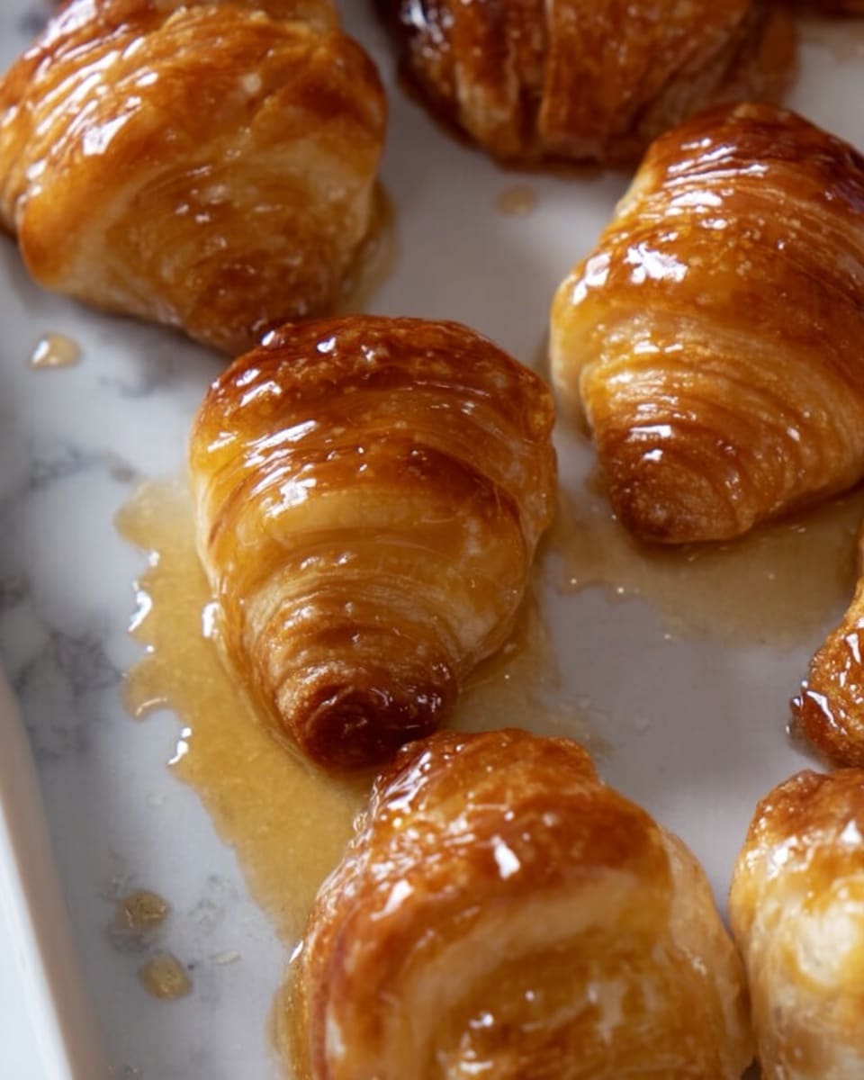 The image shows several small, golden-brown pastries with a shiny sticky glaze on their layered, flaky surfaces. They are arranged closely on a white plate, with a few patches of sticky syrup pooling and spreading between them on the plate's surface. The lighting highlights the crispy texture and the glossy, syrup-covered finish of the pastries against a white marbled background. photo taken with an iphone --ar 4:5 --v 7
