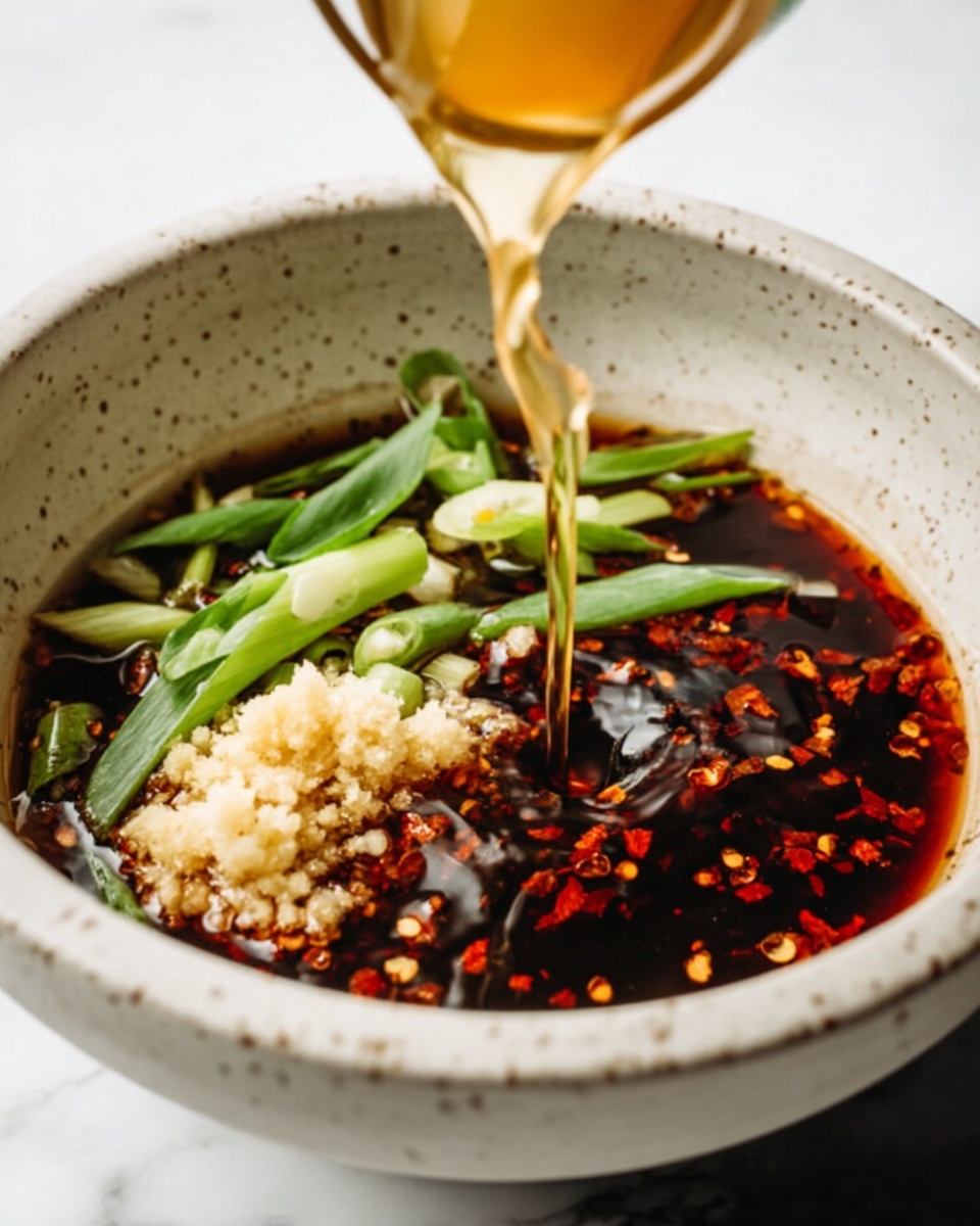 A white speckled bowl holds a dark brown sauce base with red chili flakes floating on top. On one side, there is a small mound of light beige minced garlic or ginger. Green sliced scallions lay on top in the middle of the sauce. A light golden liquid is being poured into the bowl from above, causing slight ripples in the sauce. The bowl sits on a white marbled surface. Photo taken with an iphone --ar 4:5 --v 7