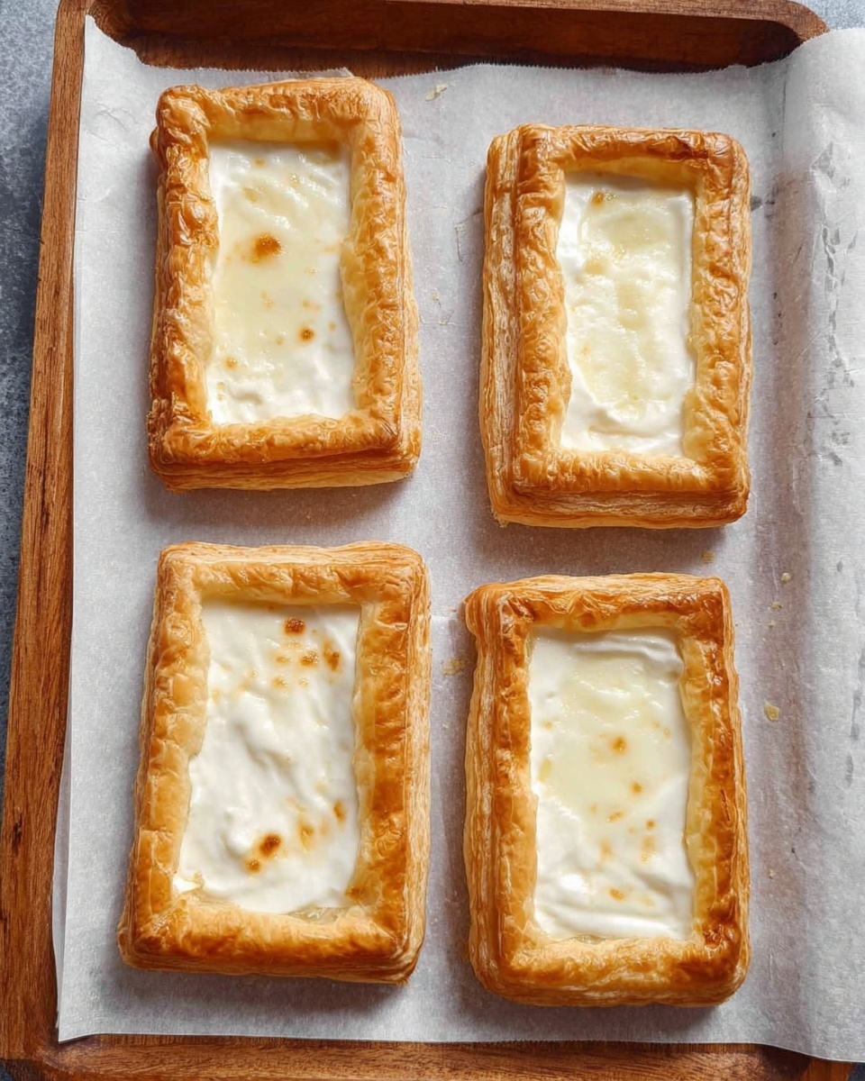 The image shows four rectangular pastries placed on white parchment paper on a wooden tray. Each pastry has two layers of golden brown puff pastry forming a raised border around the edges, with a smooth, creamy white filling spread evenly inside the border. The puff pastry looks light and flaky, while the filling has a slightly glossy surface with some small browned spots, suggesting it has been baked. The pastries are evenly spaced in two rows with two pastries in each row. photo taken with an iphone --ar 4:5 --v 7