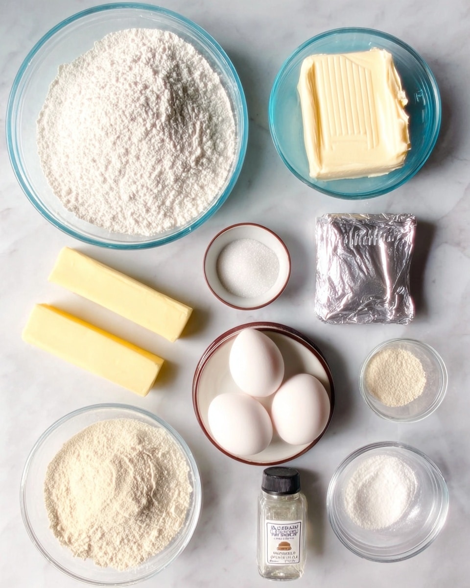 The image shows a top view of baking ingredients laid out on a white marbled surface. There is a large clear glass bowl filled with white flour at the top left. Below it are two yellow sticks of butter side by side. A small brown-rimmed white bowl contains granulated sugar near the center. To the right of the sugar are two white eggs. An opened silver foil package reveals a white block of cream cheese on the top right. Near the bottom, a smaller clear glass bowl holds some white powder, possibly powdered sugar. Next to it is another small bowl with beige dry yeast. A clear bottle with a black lid and a label reading