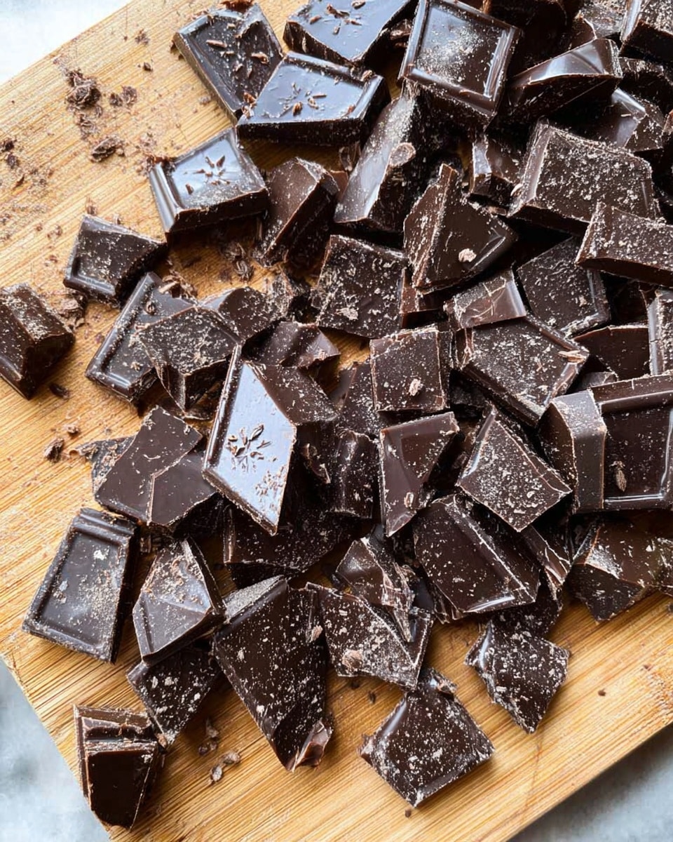 A close-up view of many small, uneven pieces of dark chocolate spread over a wooden cutting board. The chocolate pieces have a shiny, smooth surface with some white powdery spots and some pieces show a star pattern on their surface. The pieces vary in size and shape, some are carefully broken into squares while others are more irregular. The wood board has a natural light brown color and visible grain texture, with the overall image set on a white marbled background. photo taken with an iphone --ar 4:5 --v 7