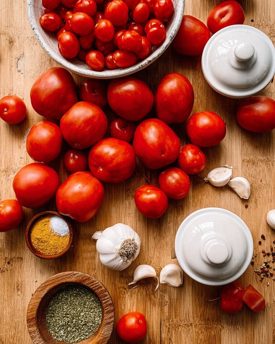The image shows many red tomatoes scattered on a light brown wooden surface, with some smaller grape tomatoes in a white bowl on the left side. Whole garlic bulbs and garlic cloves are placed among the tomatoes. On the top right and bottom right corners, two small white ceramic pot lids are visible, placed on the wooden surface. At the bottom left, a small wooden bowl contains different green and yellow spices arranged in sections. The overall look is colorful with the red tomatoes contrasting against the light wood, and the white ceramic lids adding a clean touch. photo taken with an iphone --ar 4:5 --v 7