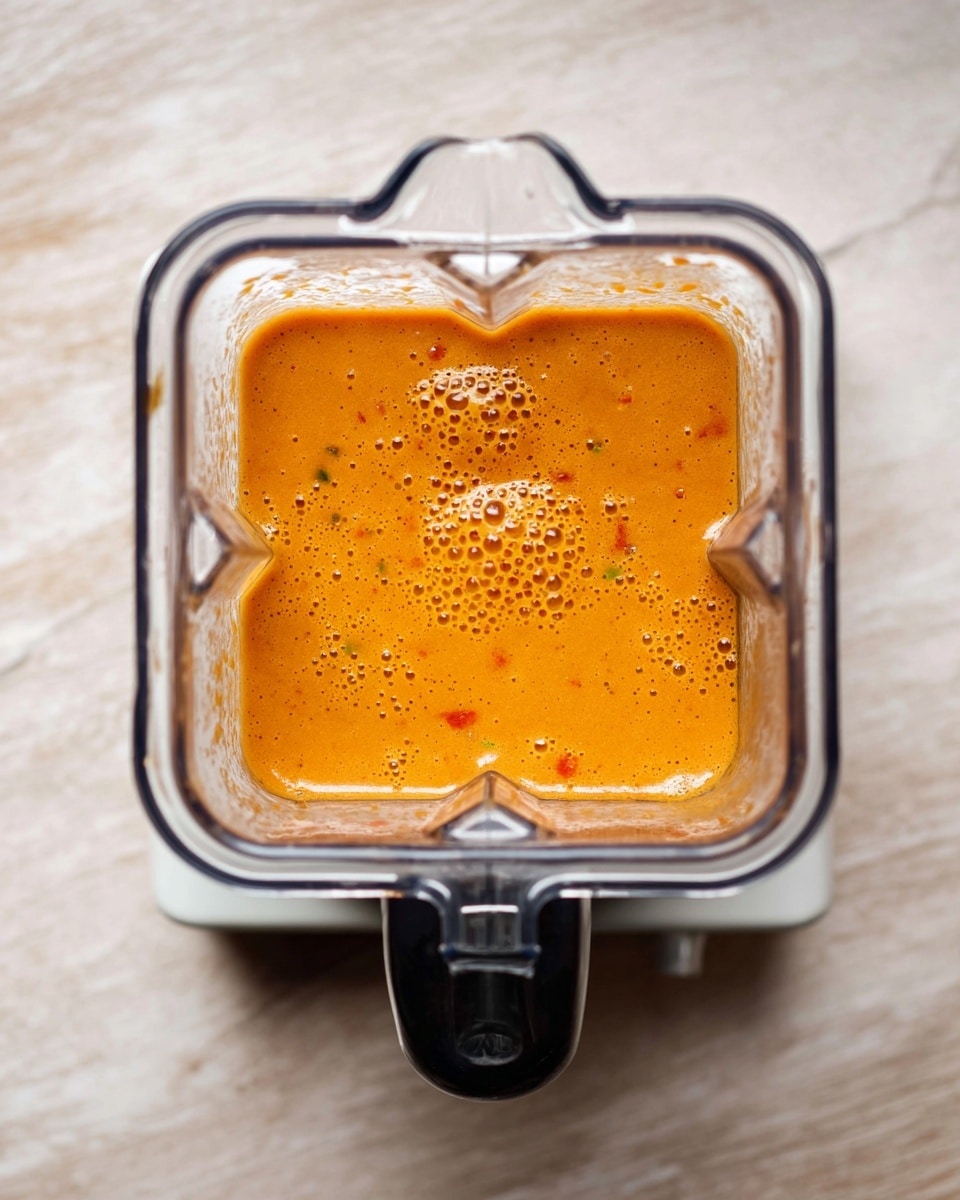 A top view of a blender filled with smooth orange sauce, showing a few small bubbles on the surface and some tiny green and red specks mixed in. The blender container is clear, square-shaped, and sits on a white base with a black handle visible on one corner. The background is a white marbled surface. photo taken with an iphone --ar 4:5 --v 7