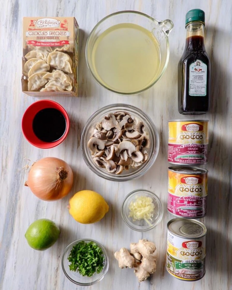 The image shows ingredients arranged neatly on a white marbled surface. There is a box of chicken potstickers on the top left, next to a clear glass jug filled with light yellow liquid, and a bottle of dark soy sauce on the top right. Below them, from left to right, sits a clear bowl with sliced mushrooms, a red cup of instant curry noodles, and three cans of organic coconut cream in a row. At the bottom are an onion, a small bowl with minced ginger, a green lime, a yellow lemon, and a small pile of chopped green herbs, all visually distinct with natural textures and colors. photo taken with an iphone --ar 4:5 --v 7