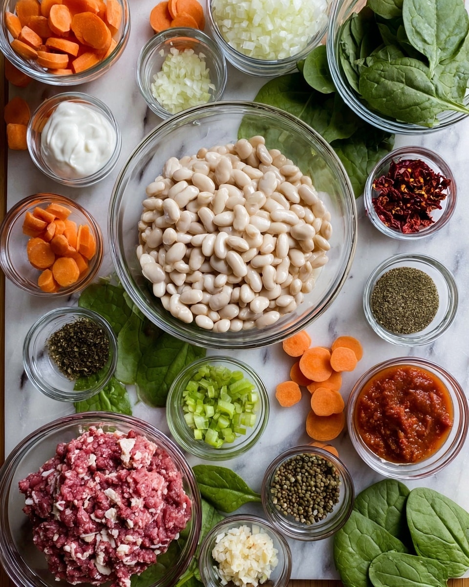 A top-down view of various clear glass bowls arranged on a white marbled surface, each filled with different ingredients: a central large bowl with white beans, a bottom-left bowl with raw minced meat showing red and white marbling, a top-left bowl filled with finely chopped white onions, a top-middle bowl with white cream, and scattered bright orange carrot slices surrounding them. Around these are smaller bowls holding dark green dried herbs, red chili flakes, bright green chopped celery, minced garlic, black pepper, and a red paste, mostly tomato-based. Fresh green spinach leaves are placed around the bowls, adding a lively touch of green to the scene. photo taken with an iphone --ar 4:5 --v 7