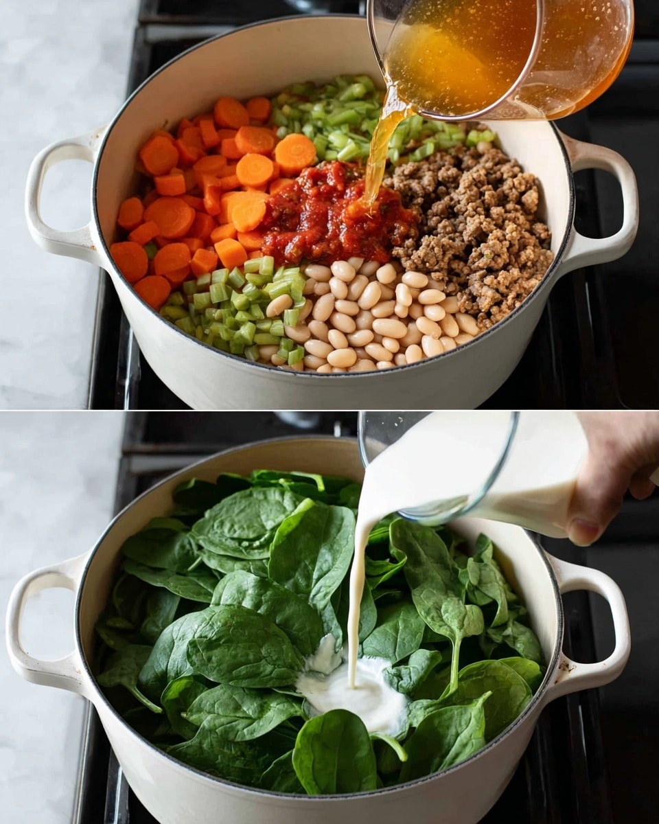 The image has two shots stacked vertically showing a white pot on a stove with a white marbled surface. In the top shot, the pot contains a base layer of cooked ground meat, orange carrot slices, and chopped green celery, topped with a large pile of light beige beans and a dollop of red sauce in the middle; a woman's hand is pouring a light brown broth from a clear container into the pot. In the bottom shot, the pot now has a fresh top layer of bright green spinach leaves covering the base mixture, and a woman's hand is pouring a thick white liquid on top of the spinach. Photo taken with an iphone --ar 4:5 --v 7