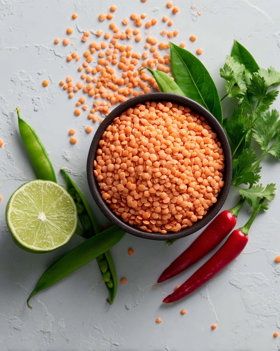 A black bowl filled with small round orange lentils sits centered on a white marbled surface. To the right of the bowl are two red chili peppers with green stems and leaves, and above them are three larger green leaves. To the left of the bowl is a half lime with visible texture and seeds inside. Green cilantro leaves and two snap peas lie below the bowl. Scattered orange lentils are placed near the bowl on the surface. The photo taken with an iphone --ar 4:5 --v 7