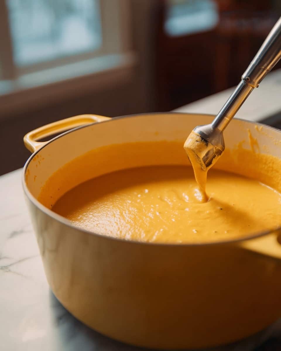 A large yellow pot sits on a white marbled surface filled with creamy orange soup. The soup has a smooth texture and fills the pot to about halfway. A metal hand blender is partially immersed in the soup, with some soup clinging to the blender's head. The background is softly blurred with warm light coming from a window. photo taken with an iphone --ar 4:5 --v 7