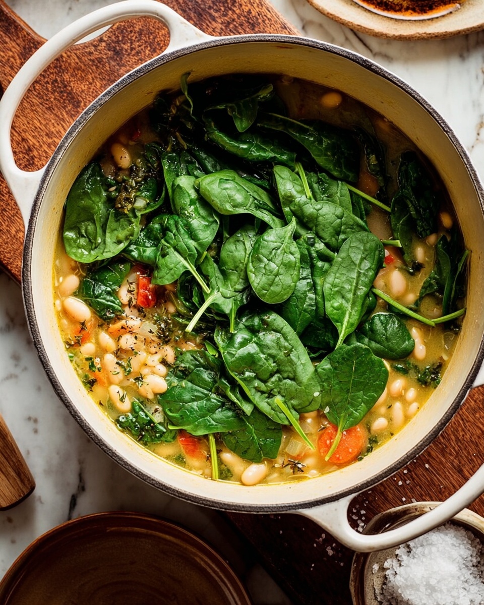 A large white pot filled with a soup showing three visible layers: the bottom layer with white beans and orange carrot slices, the middle layer with a light yellow broth mixed with herbs and tiny bits of other ingredients, and the top layer consisting of fresh, bright green spinach leaves covering most of the surface. The pot sits on a brown wooden board, and there is some coarse salt in a small white bowl next to it. The background is a white marbled surface with a brown plate partially visible nearby. photo taken with an iphone --ar 4:5 --v 7