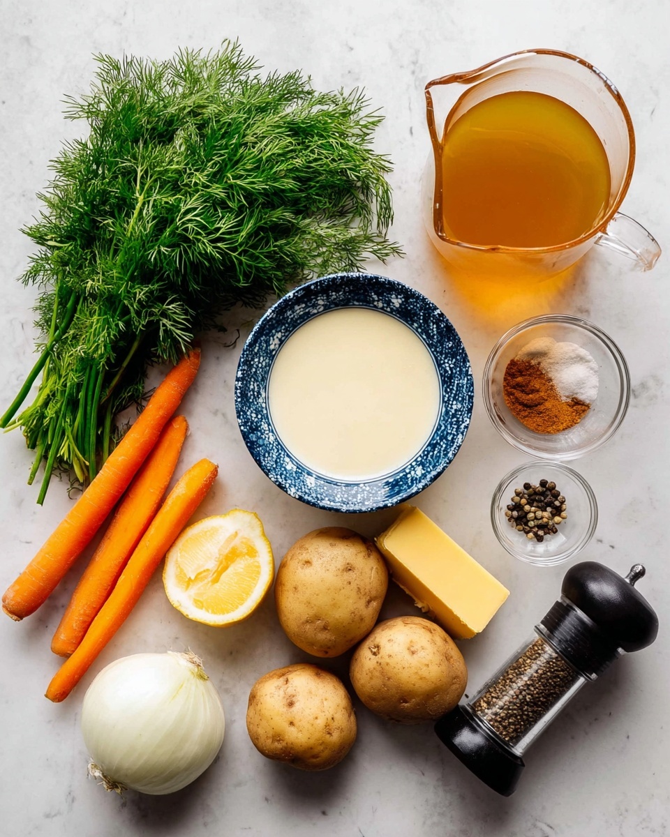 The image shows various fresh ingredients arranged neatly on a white marbled surface. Starting from the top left, there is a large bunch of green dill with fine leaves. Below the dill, a piece of yellow cheese with a smooth texture lies next to two bright orange carrots that have a slightly rough surface and taper toward the ends. In the middle, there is a white bowl with a blue patterned rim filled with a creamy white sauce that looks smooth. To the right of the bowl, a halved yellow lemon with visible pulp sits close to several brown-skinned, round potatoes with small eyes on their surface. Above the potatoes, a clear glass measuring cup holds amber-colored broth that is slightly transparent. Next to it, a small clear bowl contains a small pile of brown ground spice on white salt. At the bottom right, a clear pepper grinder with black peppercorns inside lies horizontally beside a halved onion showing white layers and light brown outer skin. The arrangement is well spaced and clean. Photo taken with an iphone --ar 4:5 --v 7