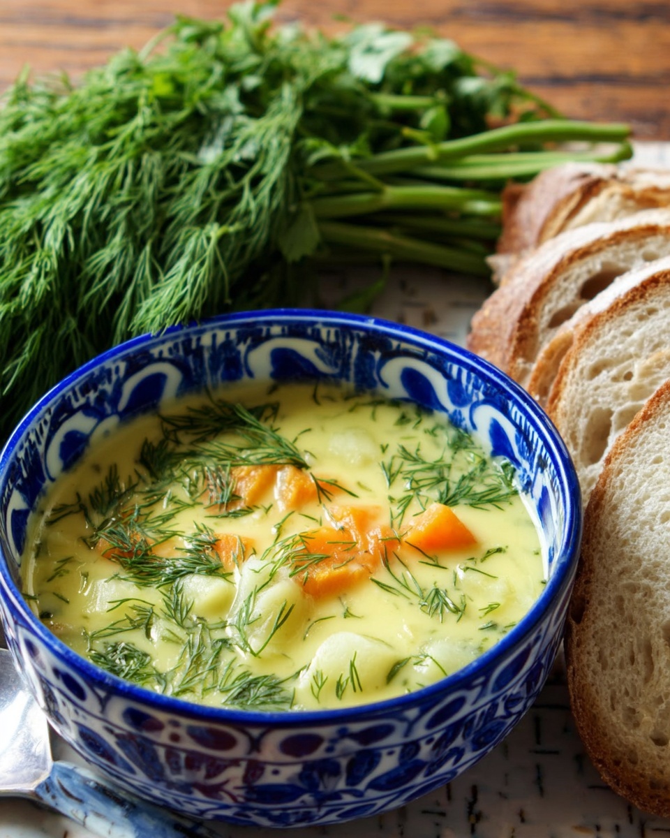 The image shows a blue and white patterned bowl filled with creamy soup that has a light yellowish-green color. On top of the soup, there are small pieces of orange vegetables, white chunks, and green dill sprinkled evenly. To the side of the bowl, there are two slices of white bread with a soft and airy texture. Behind the bowl is a bunch of fresh green dill placed on a white marbled surface. The whole scene is set on a wooden table background. Photo taken with an iphone --ar 4:5 --v 7