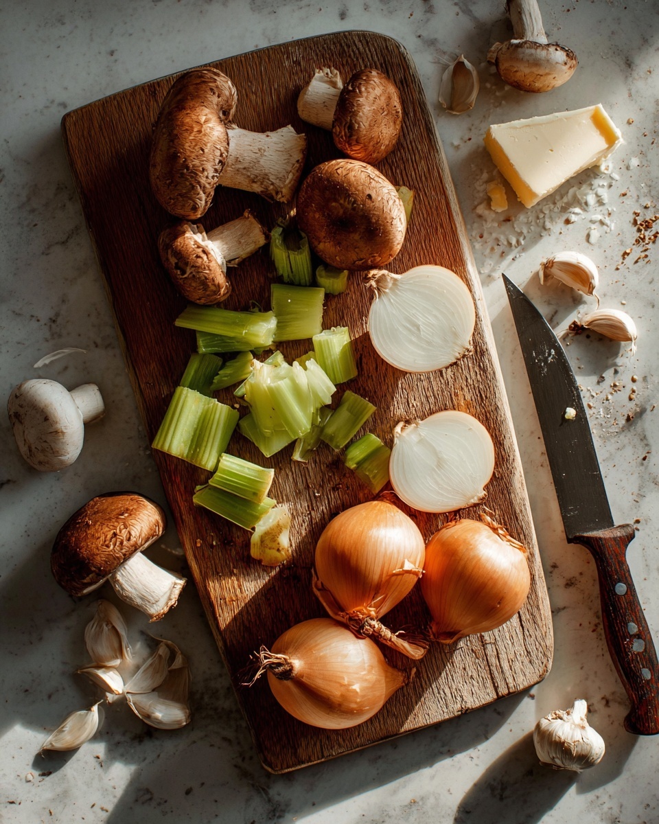 A wooden cutting board placed on a white marbled surface holds a variety of fresh ingredients. There are whole and halved brown mushrooms scattered across the board, showing their textured brown tops and creamy white insides. Two onion halves with smooth pale layers sit near the center, while three whole onions with golden-brown outer skins rest on the board. Bright green pieces of celery are scattered around, adding a fresh pop of color. A few small garlic cloves with papery skins are placed nearby, along with a block of off-white butter. A knife with a dark wooden handle lies on the right side of the board next to the mushrooms. The light casts soft shadows, highlighting the natural textures and colors of the ingredients. Photo taken with an iphone --ar 4:5 --v 7