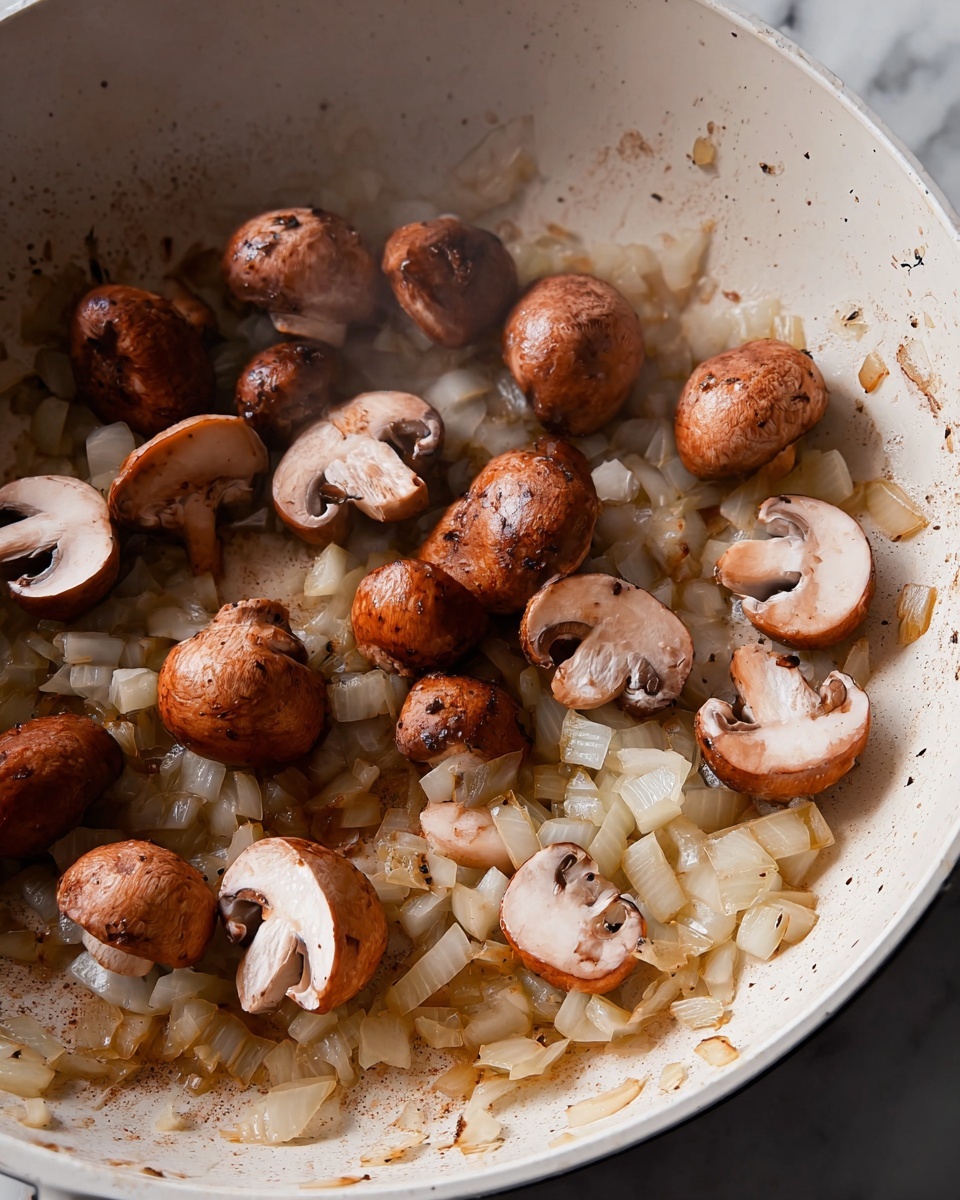 The image shows a white pan with sautéed diced onions and whole and halved brown mushrooms inside. The onions are translucent and light golden, spread evenly on the bottom of the pan, creating a textured base. The mushrooms are rich brown on the outside with creamy white interiors visible in the halved pieces, scattered over the onions. Light steam rises from the pan, giving a warm cooked feel. The pan's inner surface has some browned spots, showing the cooking process, all placed on a white marbled surface. photo taken with an iphone --ar 4:5 --v 7