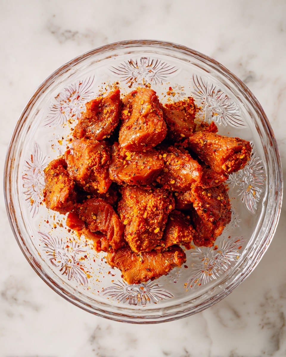 A clear glass bowl with decorative floral patterns is placed on a white marbled surface, filled with multiple pieces of raw meat coated in a reddish-orange spice mix with visible specks of herbs, showing a rough and uneven texture. The meat pieces are piled loosely in the center of the bowl, with some spice scattered lightly inside the bowl. photo taken with an iphone --ar 4:5 --v 7