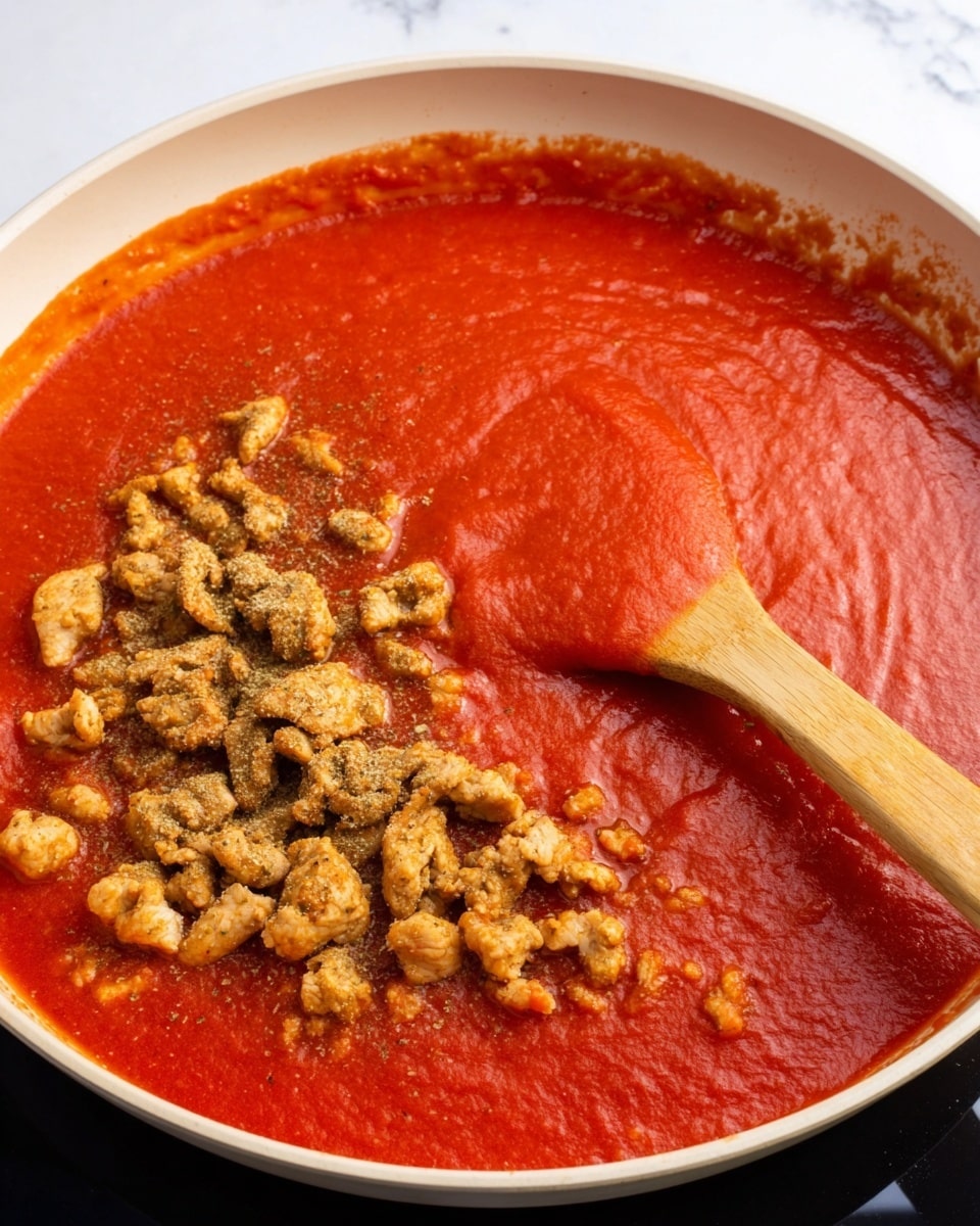 A white pan filled with a smooth red tomato sauce, covering the bottom layer evenly. On top, there are small brown cooked meat pieces scattered in the middle. A flat wooden spoon rests on the edge of the pan, touching the meat and sauce. The background shows a white marbled countertop. Photo taken with an iphone --ar 4:5 --v 7