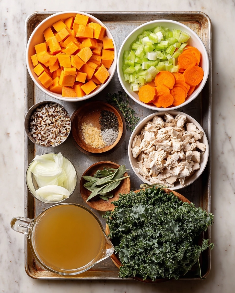 The image shows a metal tray holding different bowls and containers with ingredients. In the top left corner, a white bowl is filled with bright orange cubed sweet potatoes. To the right, another white bowl contains sliced orange carrots and chopped light green celery on top. Below the sweet potatoes, a small dark bowl has chopped white onions. In the center, a small metal measuring cup holds a mix of white and brown wild rice. Next to it, a small wooden bowl contains light ground spices. A white bowl on the bottom right is filled with chopped cooked chicken, placed next to fresh green sage and thyme sprigs. At the bottom left, a wooden bowl is full of dark green kale leaves. In the front center, a clear glass measuring cup holds a light golden broth. The tray sits on a white marbled surface. photo taken with an iphone --ar 4:5 --v 7