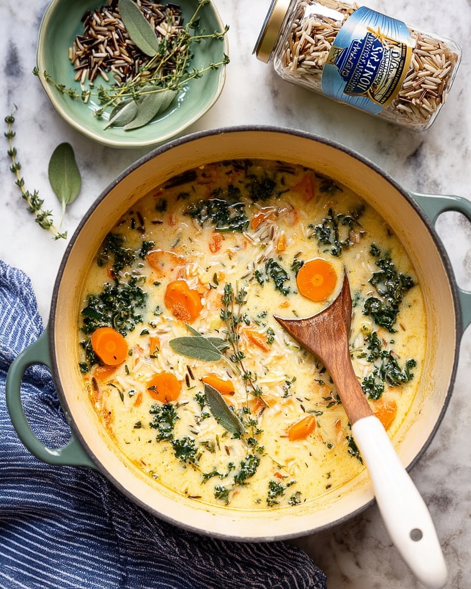 A large white pot filled with creamy soup that has visible layers including orange carrot slices, green kale leaves, and cooked rice, all mixed in a light yellow creamy broth. Fresh herbs like thyme and sage leaves float on top, adding texture and color contrast. A wooden spoon with a white handle rests inside the pot, slightly dipped in the soup. Next to the pot lies a small green-white bowl with extra herb sprigs and a container of mixed rice showing dark and light grains. The whole setup sits on a white marbled surface with a blue and white striped cloth nearby. photo taken with an iphone --ar 4:5 --v 7