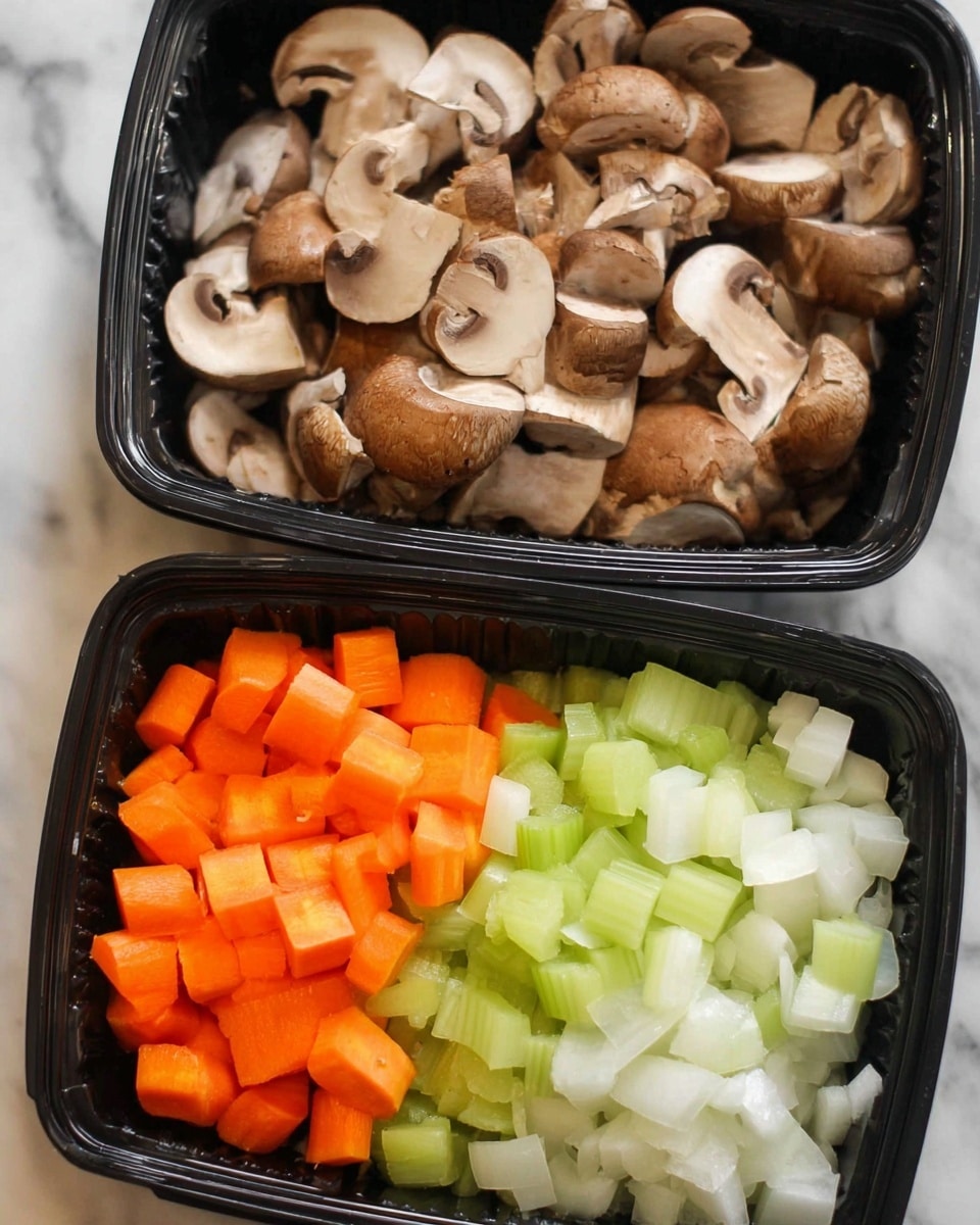 The image shows two black plastic containers placed on a white marbled surface. The top container is filled with sliced brown mushrooms, showing smooth, curved, slightly shiny surfaces in light and dark brown shades. The bottom container holds three sections of diced vegetables arranged side by side: bright orange carrot pieces on the left, light green celery chunks in the middle with a slightly translucent texture, and white onion pieces on the right, all neatly chopped into small cubes. The vegetables have a fresh and crisp appearance. photo taken with an iphone --ar 4:5 --v 7