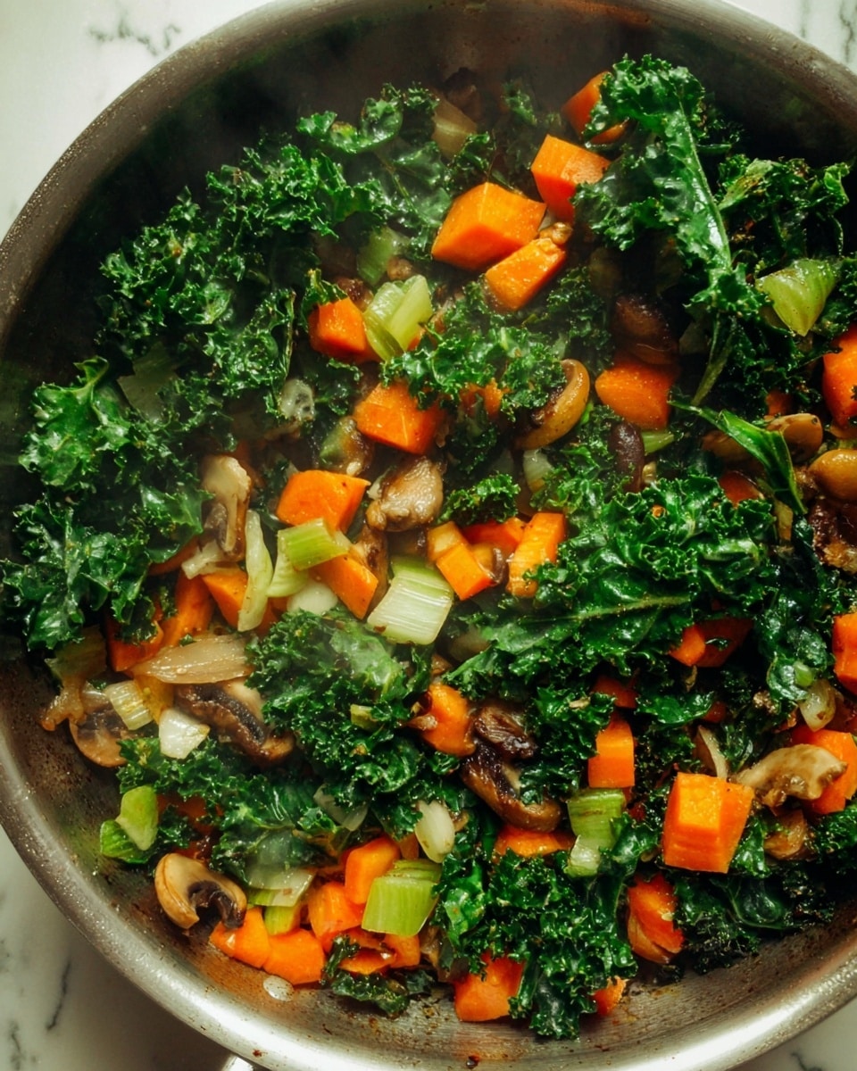 The image shows a colorful mix of cooked vegetables in a pan, mainly featuring dark green leafy kale on the top layer, with bright orange carrot cubes and light green celery pieces interspersed throughout. There are also light brown mushroom slices and small white onion chunks visible among the vegetables, giving a mix of textures from soft to slightly crispy. The vegetables look hot and freshly cooked, with some steam rising, all placed on a white marbled surface. photo taken with an iphone --ar 4:5 --v 7