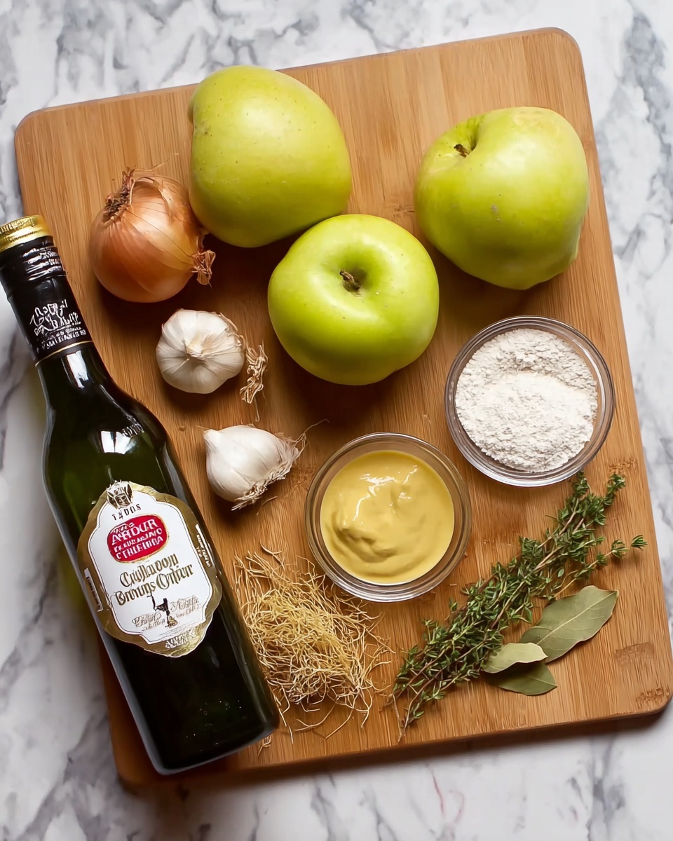 On a wooden cutting board placed on a white marbled surface, there are two yellow-green apples with smooth shiny skin near the top right and center left. A yellow onion with dry root strands is positioned at the bottom left corner beside two garlic cloves with pale purple skin. A carton of cooking cream is placed at the lower left edge, and a large dark green glass bottle with a red and white label lays diagonally across the center. Near the top right corner, two small clear glass bowls hold a creamy yellow mustard sauce and a white powder, likely flour. Several small sprigs of fresh thyme and three bay leaves are scattered near the bottom right part of the board. photo taken with an iphone --ar 4:5 --v 7