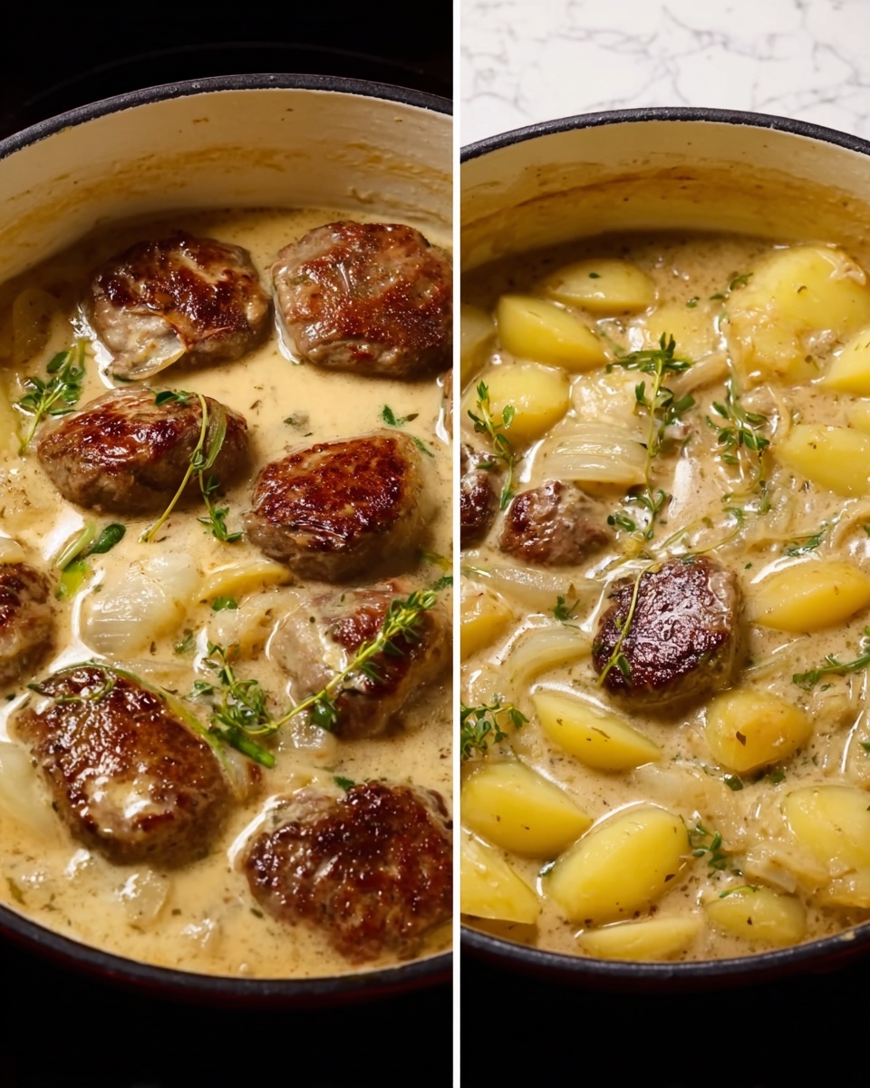 The image shows a close-up of a white pot filled with six brown, round pieces of cooked meat sitting in a creamy, light beige sauce mixed with sliced yellow potatoes and small onions. The sauce looks smooth and thick, with some green fresh herbs like thyme sprinkled on top, adding a touch of color. The pot has a dark rim, and it sits on a white marbled surface. The lighting makes the sauce appear shiny and appetizing, with visible textures on the meat showing a slight crisp outside layer. Photo taken with an iphone --ar 4:5 --v 7