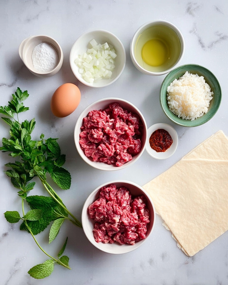 The image shows various cooking ingredients arranged neatly on a white marbled surface. There are two white bowls filled with finely diced raw red meat, one bowl slightly above the other, and a white bowl with chopped white onions placed near the top center. To the left, a brown egg is placed beside a small white bowl of oil and another small white bowl with a light-colored liquid. A small green bowl holds a red paste, and another white bowl contains dry rice. Fresh green parsley and mint leaves are placed around the bowls, and a light beige sheet of pastry dough is laid out on the lower right side of the image. photo taken with an iphone --ar 4:5 --v 7