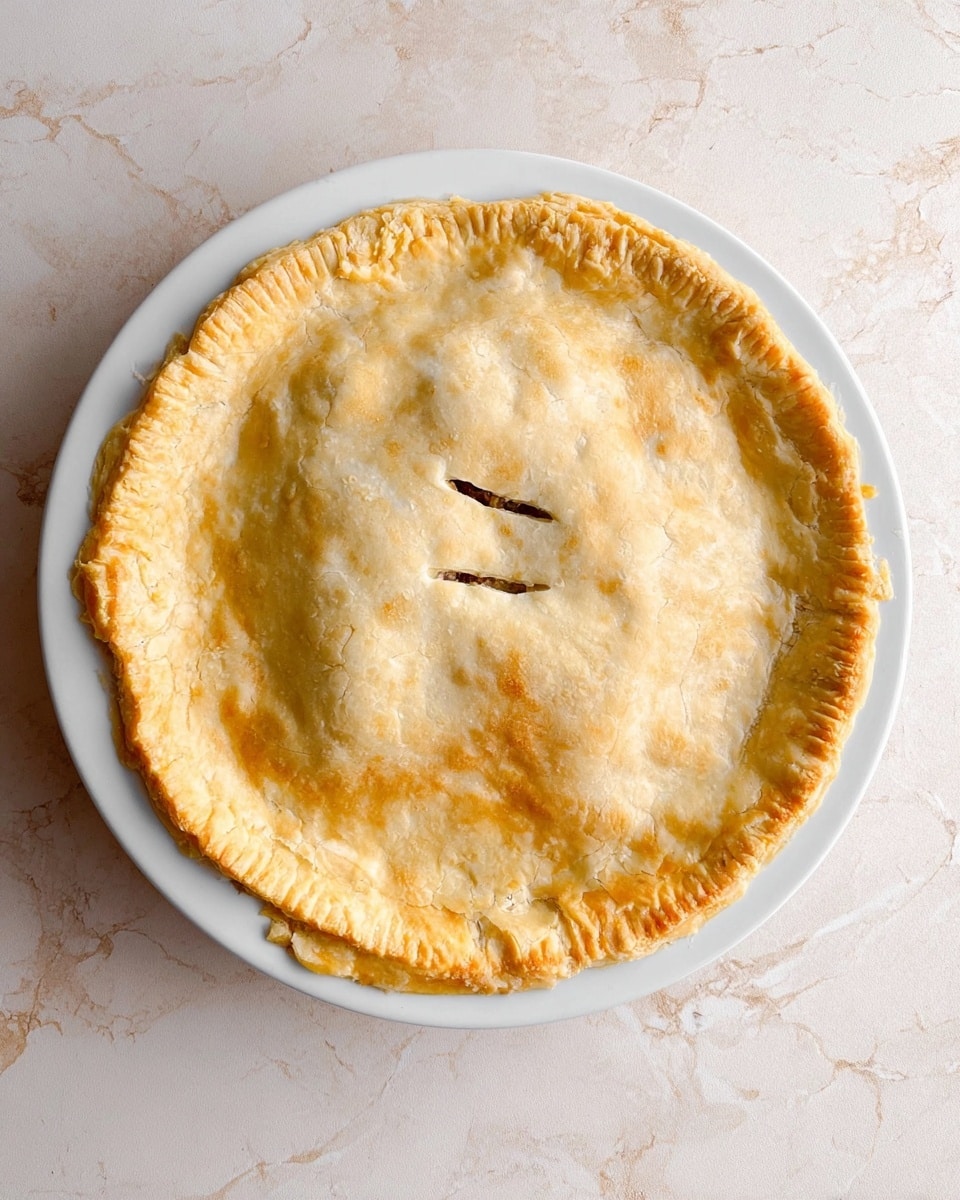 A white plate holds a round pie with two layers of light golden crust. The top crust is smooth with two small slits near the center showing a bit of the brown filling inside. The edges of the pie crust are crimped and uneven, giving a homemade look. The pie is placed on a white marbled surface. Photo taken with an iphone --ar 4:5 --v 7
