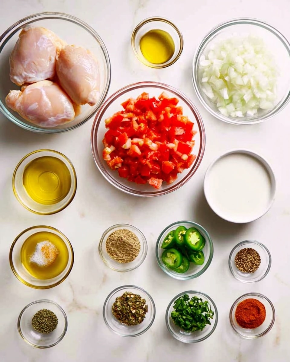 A white marbled surface holds clear glass bowls arranged neatly, each filled with different ingredients. In the lower left, a bowl contains two raw chicken pieces with a light pink color. To the right, a bowl is filled with bright red diced tomatoes. Above these, a bowl with finely chopped white onions sits next to another bowl with a thick white liquid, likely cream. Small bowls are scattered around holding various spices and herbs: golden yellow oil, light yellow minced garlic, green sliced jalapeños, chopped green herbs, brown seeds, red powder, and a few other seasonings in earthy tones. The overall setup is clean and organized, with a focus on the fresh and vibrant colors of the ingredients. Photo taken with an iphone --ar 4:5 --v 7
