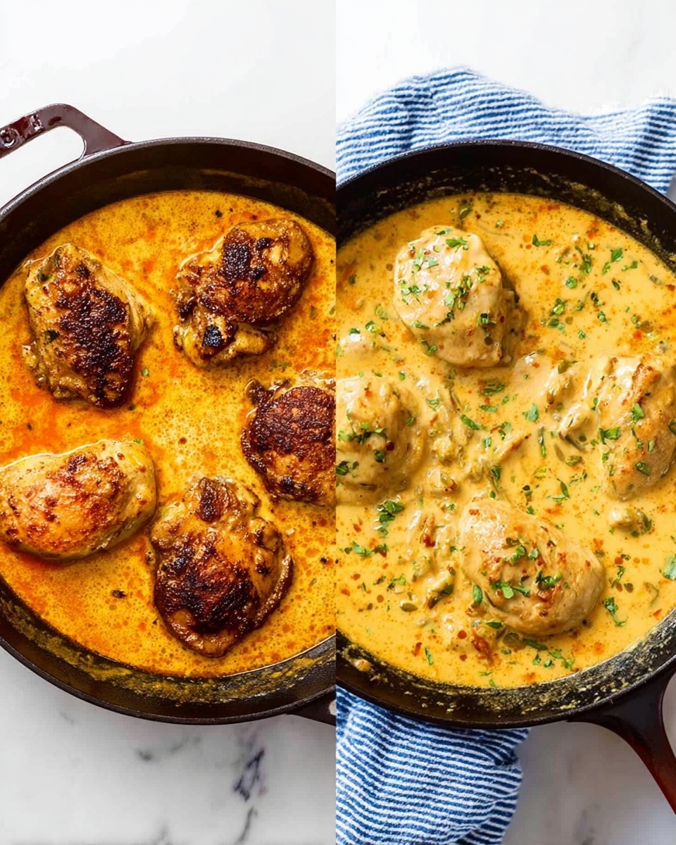 The image shows two black pans side by side, each filled with cooked chicken pieces in creamy sauce. The pan on the left contains four browned chicken pieces with a golden-brown crust floating in light orange creamy sauce with visible spices. The pan on the right has five lighter golden chicken pieces covered in the same creamy sauce, topped with small green herb leaves scattered over the dish. Both pans rest on a white marbled surface, and a blue and white striped cloth is partially under the right pan. The photo taken with an iphone --ar 4:5 --v 7