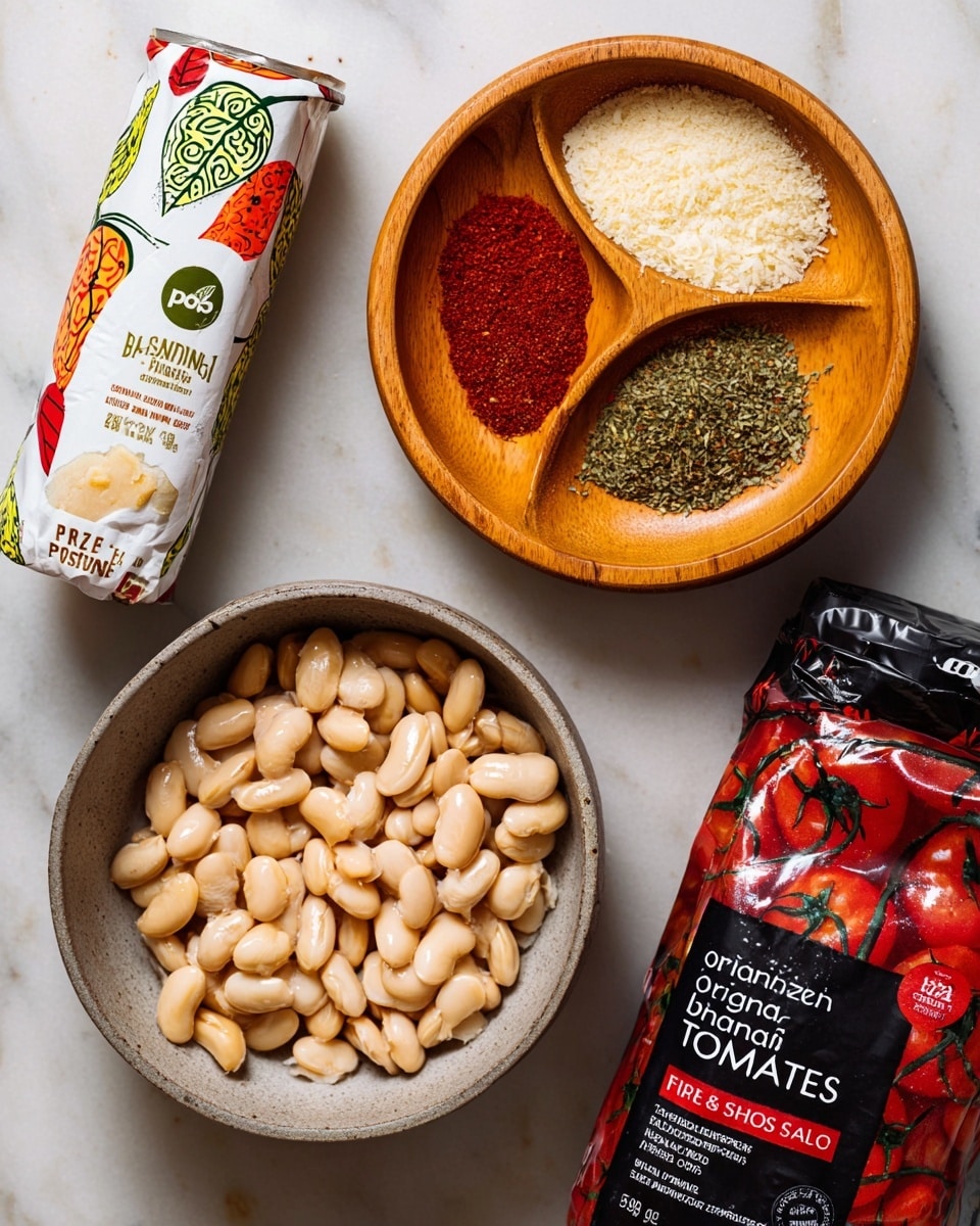 A white bowl filled with light beige beans sits on a white marbled surface. Above it, there is a wooden bowl divided into four sections with different spices: bright red, light beige, and green dried herbs. To the left, a white round container of grated Parmesan cheese labeled with colorful leaf patterns. On the right side, there is a crumpled black and red tube of tomato paste, and below it, a jar of organic sun-dried tomatoes with a green and white label featuring tomatoes on vines. photo taken with an iphone --ar 4:5 --v 7