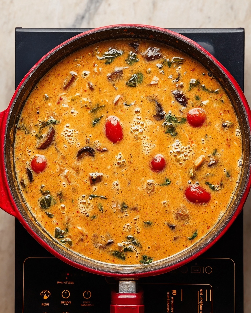 A round red pan filled with a creamy orange soup that has a smooth texture with small bubbles on top. The soup has visible green leafy herbs scattered throughout and whole red cherry tomatoes are floating on the surface. There are dark brown mushroom pieces spread evenly in the soup, adding texture and contrast. The pan is placed on a black electric stove with buttons and lights that are turned on, and the background shows a white marbled surface. photo taken with an iphone --ar 4:5 --v 7