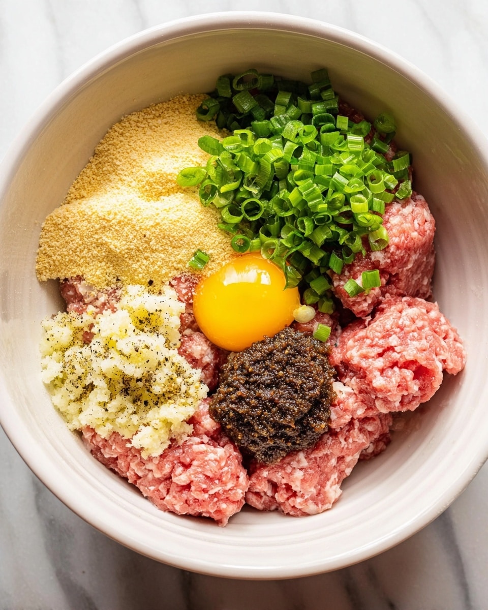 A white bowl holds several ingredients arranged but not mixed. The base is raw pink ground meat in two main clumps. On the top left side is a small pile of light yellow breadcrumbs. Next to breadcrumbs, a small heap of chopped fresh green onions sits at the top right. Below the onions, a single raw egg yolk is visible with a bright yellow color. In the center is a dollop of pale yellow minced garlic with black pepper sprinkled over it. Below the garlic, a dark brown paste with a coarse texture rests as one distinct portion. The bowl is set on a white marbled surface. photo taken with an iphone --ar 4:5 --v 7
