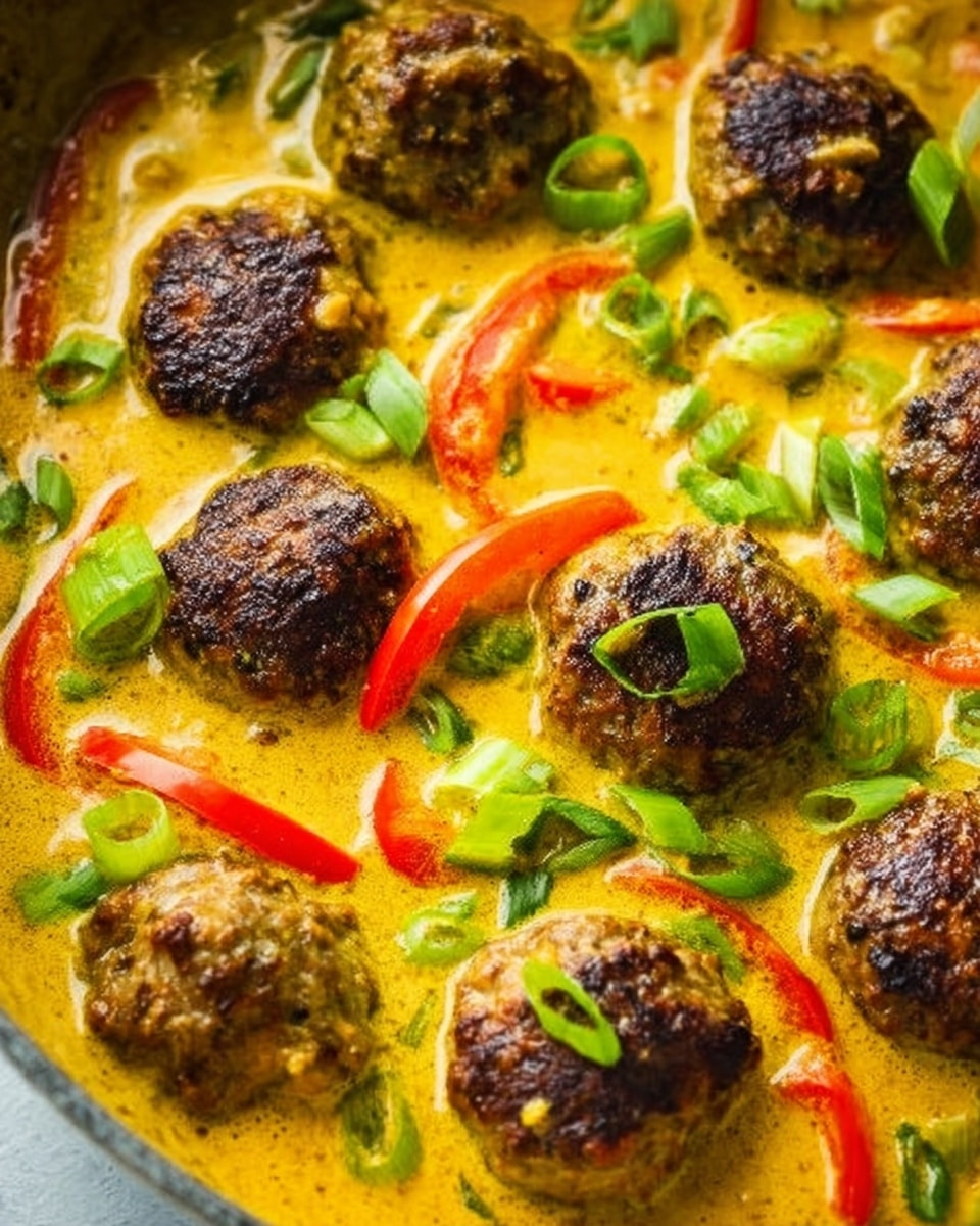 The image shows a close-up view of several browned meatballs nestled in a thick, creamy yellow sauce. Thin slices of red bell pepper are mixed evenly throughout the sauce, adding bright color contrast. Chopped green onions are scattered on top as fresh garnish. The meatballs have a rough, textured surface with a dark sear on the outside. Everything rests on a white marbled textured background. photo taken with an iphone --ar 4:5 --v 7