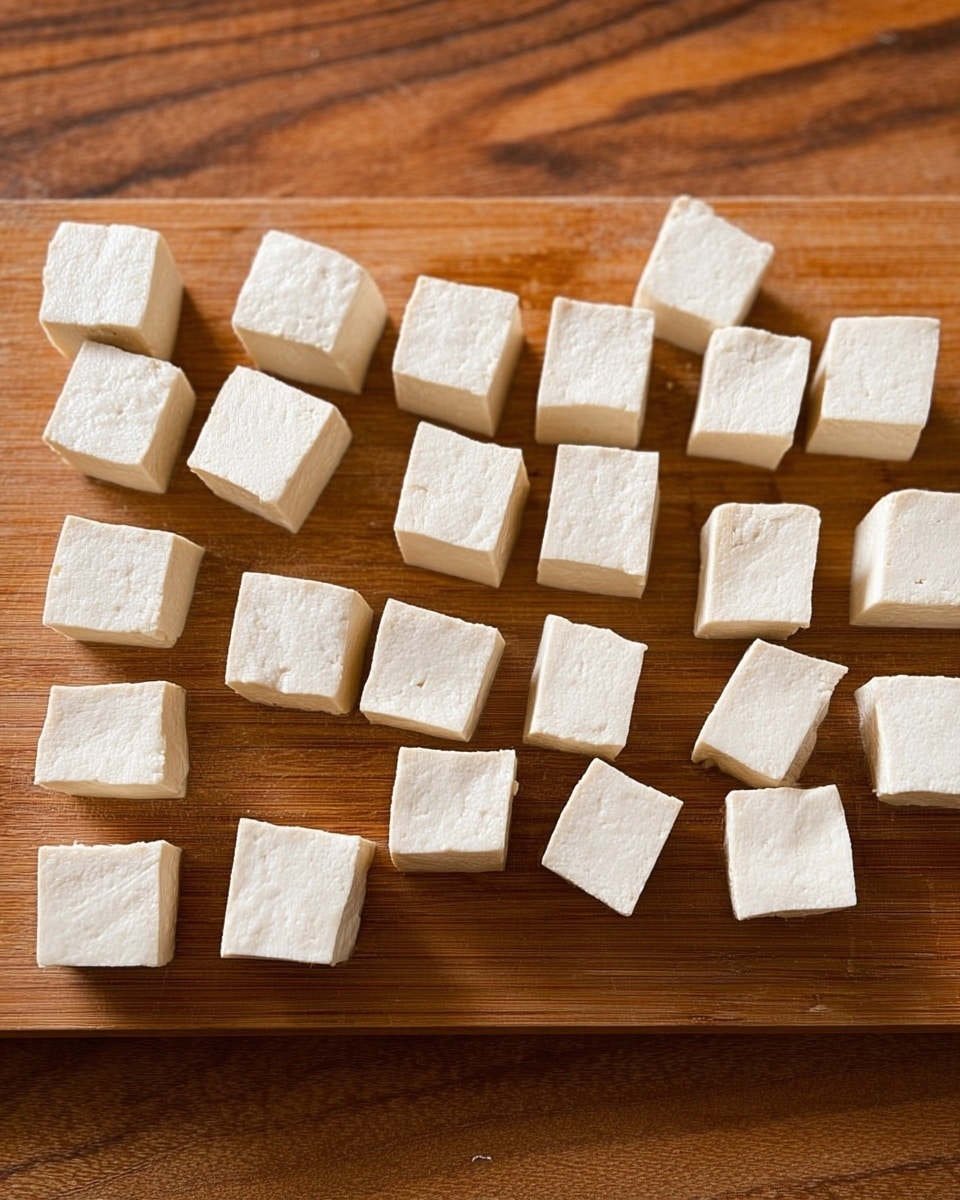 The image shows 24 small white tofu cubes arranged in four roughly straight rows on a wooden board with a brown grain texture. Each cube is uniform in size and shape, with smooth, slightly porous surfaces and clean edges. The wooden board’s warm tones create a natural contrast with the tofu's white color, and the cubes are spaced evenly apart with some slight irregularity in alignment. The overall look is neat and simple, focused only on the tofu pieces in their raw state, placed on the horizontal flat surface of the board. Photo taken with an iphone --ar 4:5 --v 7