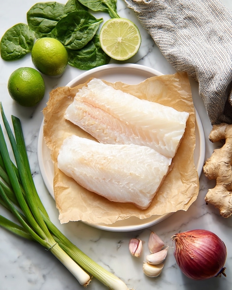 Two large pieces of raw white fish with a moist, slightly translucent texture rest on light brown parchment paper, placed on a white plate. The plate sits on a white marbled surface. Around the plate, there are fresh green spinach leaves on the top left, a whole green lime and lime wedges near the bottom left beside several long, green spring onions. To the right, there is a whole red shallot, peeled garlic cloves with some skins, and a piece of light brown ginger root. A gray and white striped cloth is partially visible in the top right corner. The scene is bright and clean with natural light. photo taken with an iphone --ar 4:5 --v 7