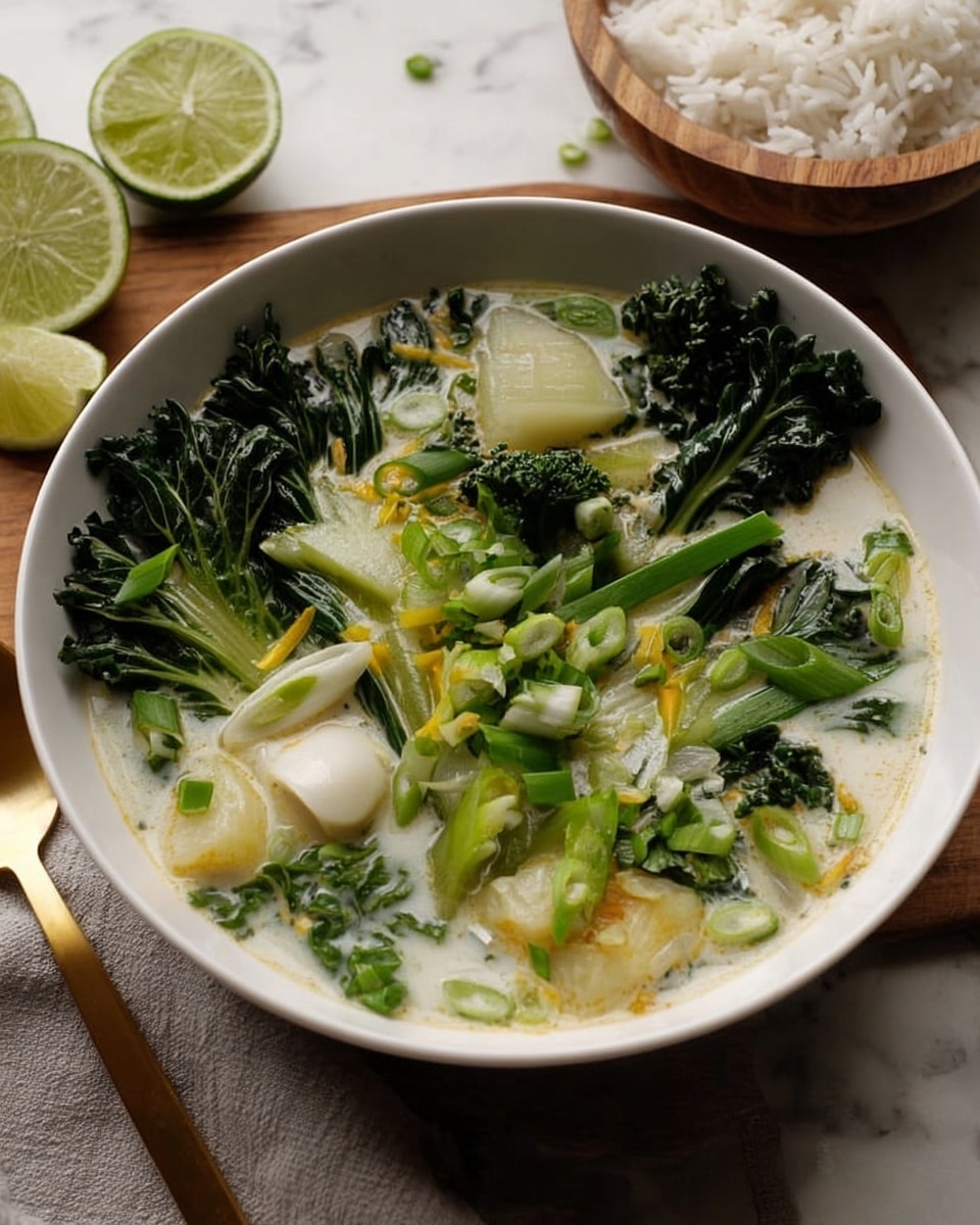 A white bowl holds a creamy soup with several layers: the base is a light, milky broth, topped with dark green leafy vegetables arranged around the bowl, and chunks of pale green vegetables. In the center, round white pieces sit lightly submerged in the broth. Scattered bright green chopped spring onions and small yellow strips add color on top. A half lime wedge and a whole lime rest at the edge of the bowl. The bowl is set on a white marbled surface, with a gold spoon next to it and a wooden bowl of white rice nearby. photo taken with an iphone --ar 4:5 --v 7