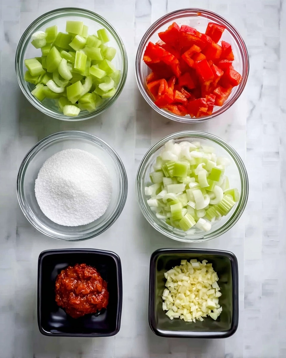 The image shows six small clear glass bowls and one small black bowl arranged on a white marbled surface. The top left bowl contains light green chopped celery pieces, and to its right, there is a bowl with bright red chopped bell peppers. Below the celery is a bowl with white and light green sliced leeks, and next to it, a bowl filled with white granulated sugar. At the bottom left, near the leeks, is a bowl containing two dark red dollops of tomato paste. The last bowl, black and square-shaped, holds minced or finely chopped light yellow garlic. All bowls are evenly spaced in a grid-like pattern. Photo taken with an iphone --ar 4:5 --v 7