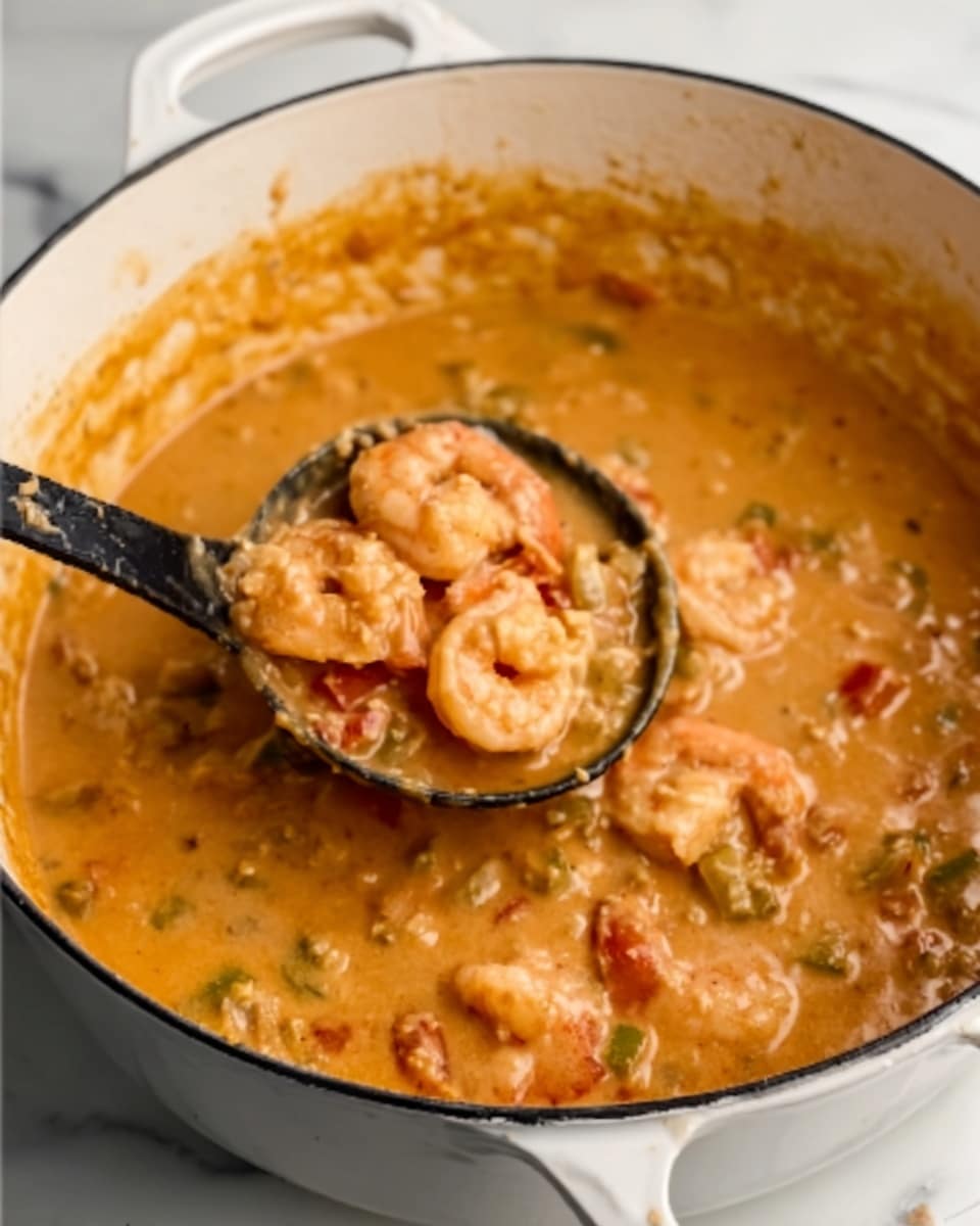 A white pot filled with a creamy orange sauce with visible shrimp pieces in it. The shrimp are pink and nestled throughout the thick sauce, which has a smooth, slightly chunky texture with bits of vegetables mixed in. A black ladle is resting inside the pot, holding some shrimp and sauce above the surface. The pot is placed on a white marbled countertop. photo taken with an iphone --ar 4:5 --v 7