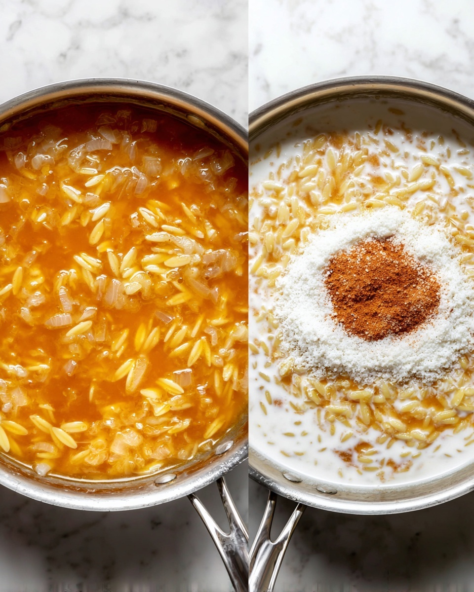 The image shows two pans side by side on a white marbled surface. The left pan contains orange liquid broth with small pieces of chopped onions and orzo pasta, with the orzo floating and the chopped onions visible throughout the broth. The right pan has a similar base of orzo and broth but is topped with a thick white cream layer covering most of the surface, and in the center there is a small pile of reddish seasoning powder dusted with finely grated white cheese, creating a contrasting spot of colors and textures. Both pans have a silver rim and handle visible. Photo taken with an iphone --ar 4:5 --v 7