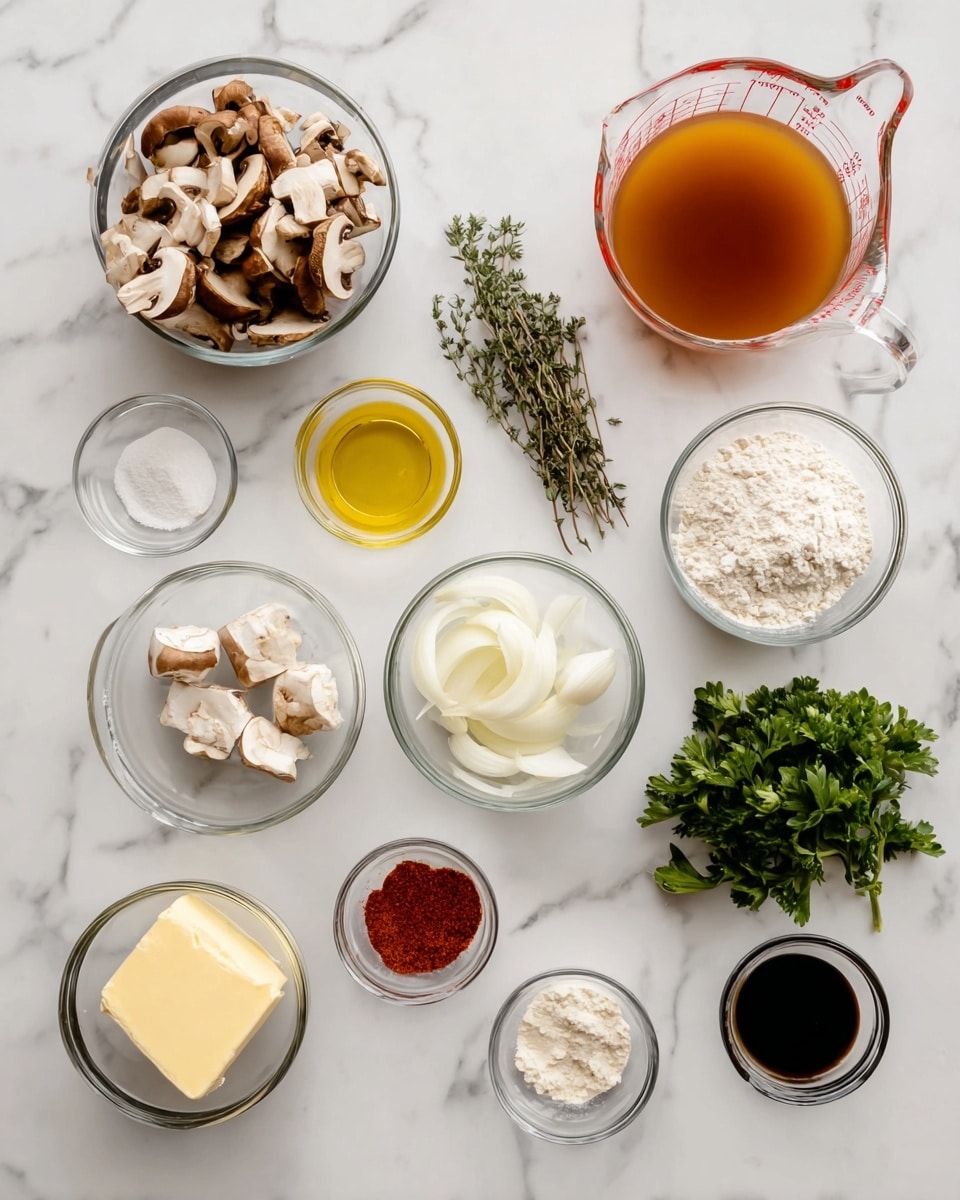A top view of several small clear glass bowls arranged neatly on a white marbled surface, each holding different ingredients: sliced brown mushrooms in one bowl, thinly sliced shallots in another, two white garlic cloves in a smaller bowl, and a bowl with a yellow cube of butter. Other bowls contain golden olive oil, dried thyme sprigs, white flour, a bunch of fresh green parsley, creamy white sour cream, a mix of white baking powder and red paprika, and dark soy sauce. A measuring cup filled with golden brown broth is placed on the top right corner. The overall setup is clean and well-organized, showing fresh and raw ingredients side by side photo taken with an iphone --ar 4:5 --v 7