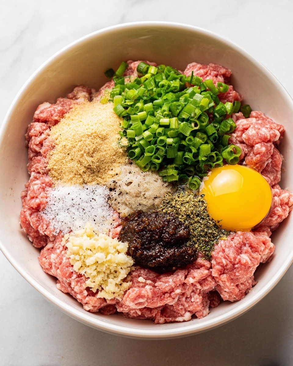 A white bowl filled with raw ground meat as the base layer, displaying a soft pink color and slightly rough texture. On top of the meat, there are several distinct sections: a pile of bright green chopped scallions in the upper right, a yellow raw egg yolk with a glossy surface on the right, a mound of light beige breadcrumbs on the upper left, a small heap of white salt sprinkled in the center, a dark brown paste with a slightly coarse texture on the lower right, and a clump of minced garlic below the center, dotted with black pepper. The bowl is placed on a white marbled surface. Photo taken with an iphone --ar 4:5 --v 7