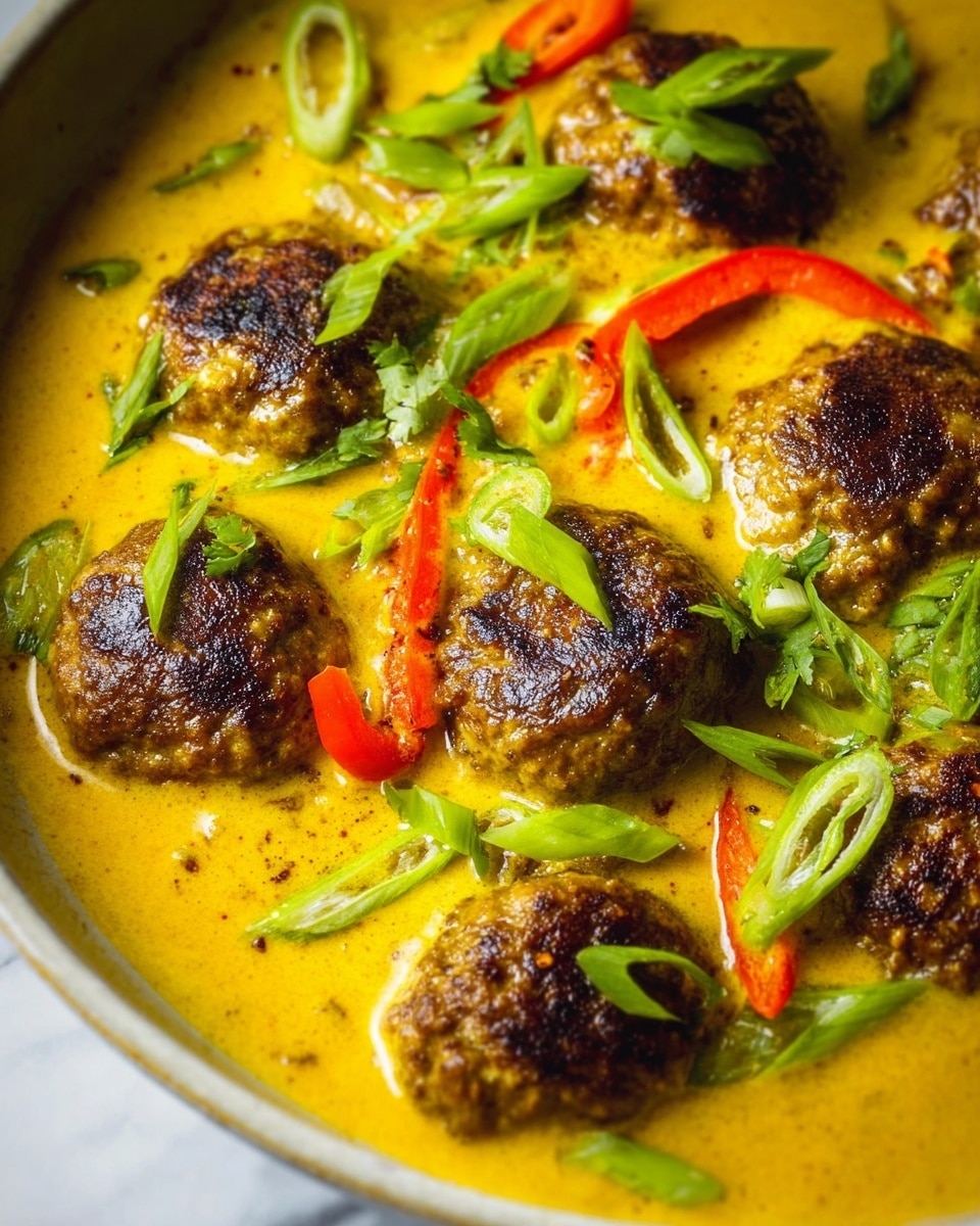 The dish shows several browned meatballs sitting in a thick, bright yellow curry sauce. Scattered on top and around the meatballs are fresh green chopped scallions, adding a pop of color. There are also thin strips of soft red bell peppers mixed in the curry. The textures include the crispy, browned surface of the meatballs contrasted with the smooth, creamy sauce. The whole dish sits on a white marbled surface. photo taken with an iphone --ar 4:5 --v 7