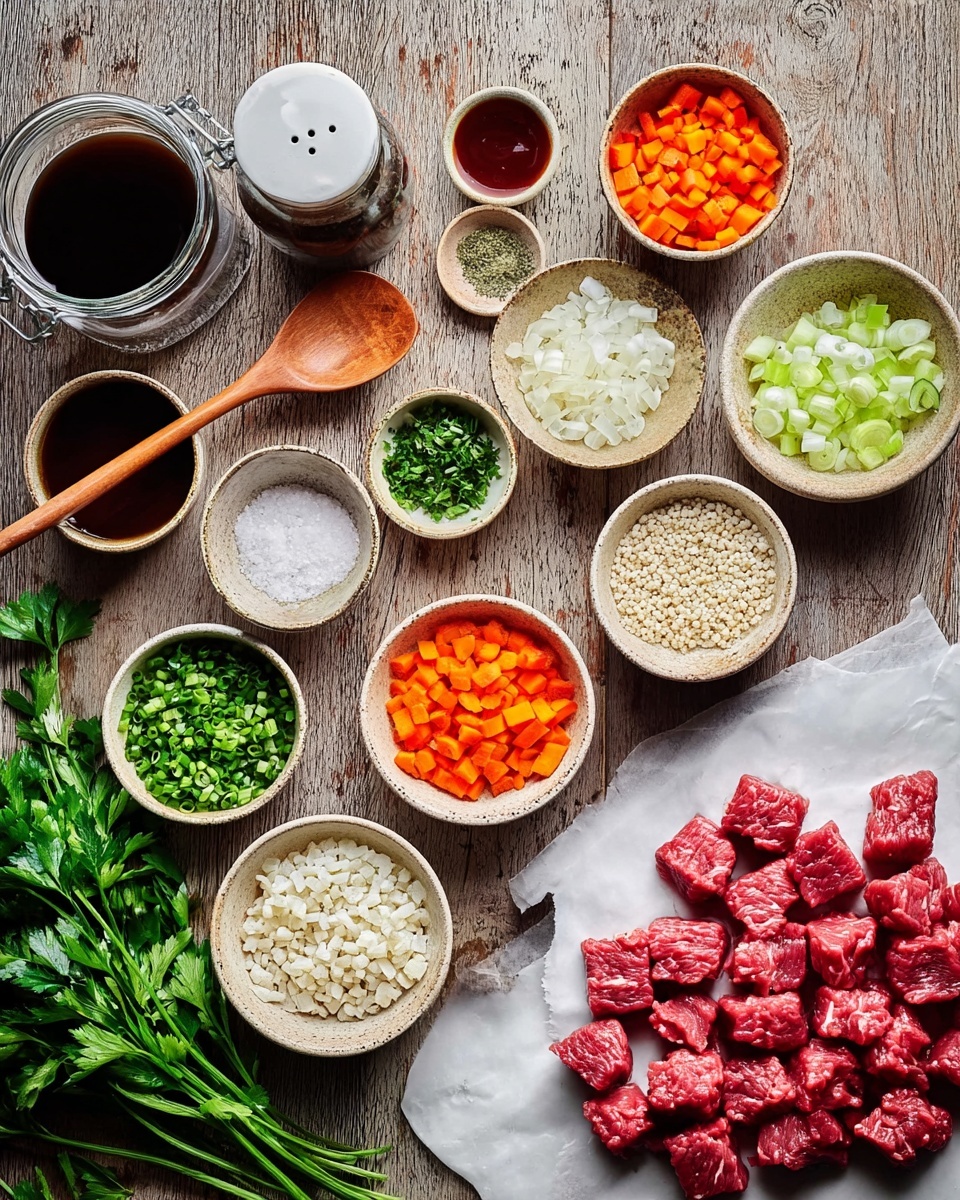 The image shows an overhead view of many ingredients on a brown wooden table. There is a white paper with red raw meat cubes on it at the right side. Around it are small beige bowls filled with diced carrots, diced onions, diced celery, white grains, green herbs, salt, and a few sauces in dark and red colors. A white jar with dark liquid and two wooden spoons are also on the table. Fresh green parsley leaves are placed on the left side. The setup looks clean and organized, all on a white marbled texture photo taken with an iphone --ar 4:5 --v 7
