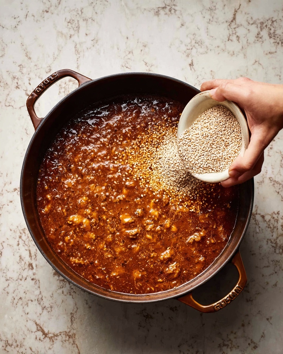 A large round dark metal pot filled with thick bubbling brown stew that has small chunks and a rich texture covering the whole surface. A woman's hand is holding a small white bowl tilted over the pot, pouring out many small white grains into the stew from the upper left side. The pot is set on a white marbled surface. Photo taken with an iphone --ar 4:5 --v 7