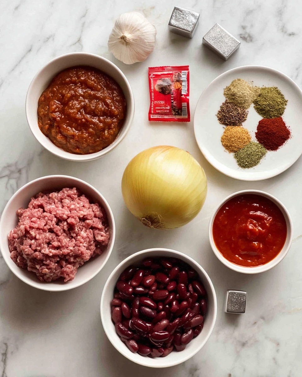 The image shows eight white bowls and plates arranged on a white marbled surface. In the center, a whole yellow onion is placed, surrounded by an assortment of ingredients. At the bottom left is a bowl with raw ground beef, slightly pink with a coarse texture. Above that, to the left, is a bowl with a thick reddish brown paste. To the right, a bowl holds dark red cooked kidney beans in thick liquid. Near the bottom right are two small bowls, each with bright red tomato sauce, smooth and shiny. At the top right, one white plate is divided into sections holding six different dry spices, ranging from light beige to dark red and green. At the top left are two whole garlic bulbs, a red packet, and two small silver cubes positioned irregularly. Photo taken with an iphone --ar 4:5 --v 7