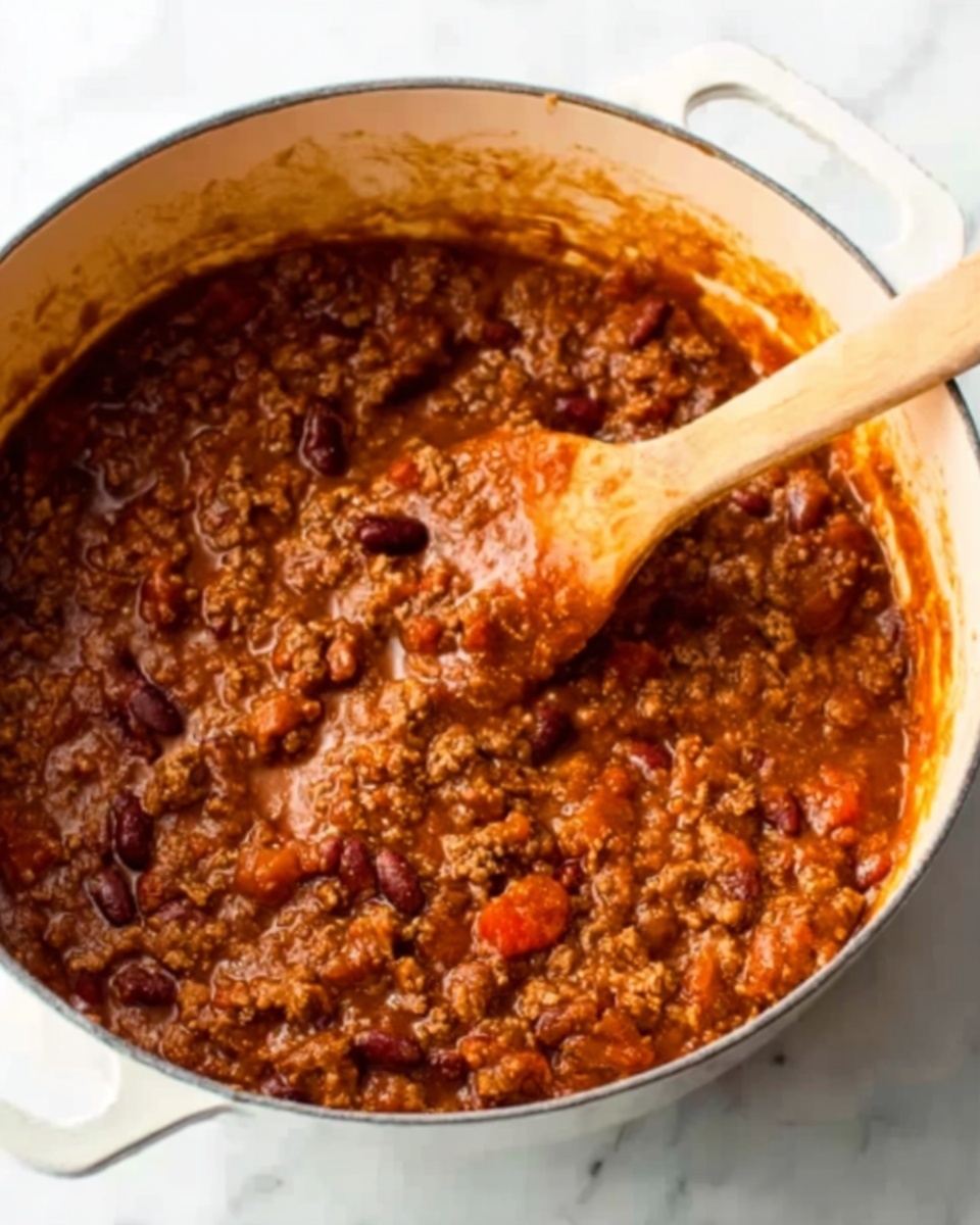A large white pot filled with thick chili, showing a mix of reddish-brown meat, deep red beans, and small diced tomatoes, all cooked together in a rich, textured sauce. A woman's hand holding a light wooden spoon is stirring the chili inside the pot. The pot sits on a white marbled surface. The chili looks warm and full of small soft pieces with liquid around the edges, giving it a hearty feel. photo taken with an iphone --ar 4:5 --v 7