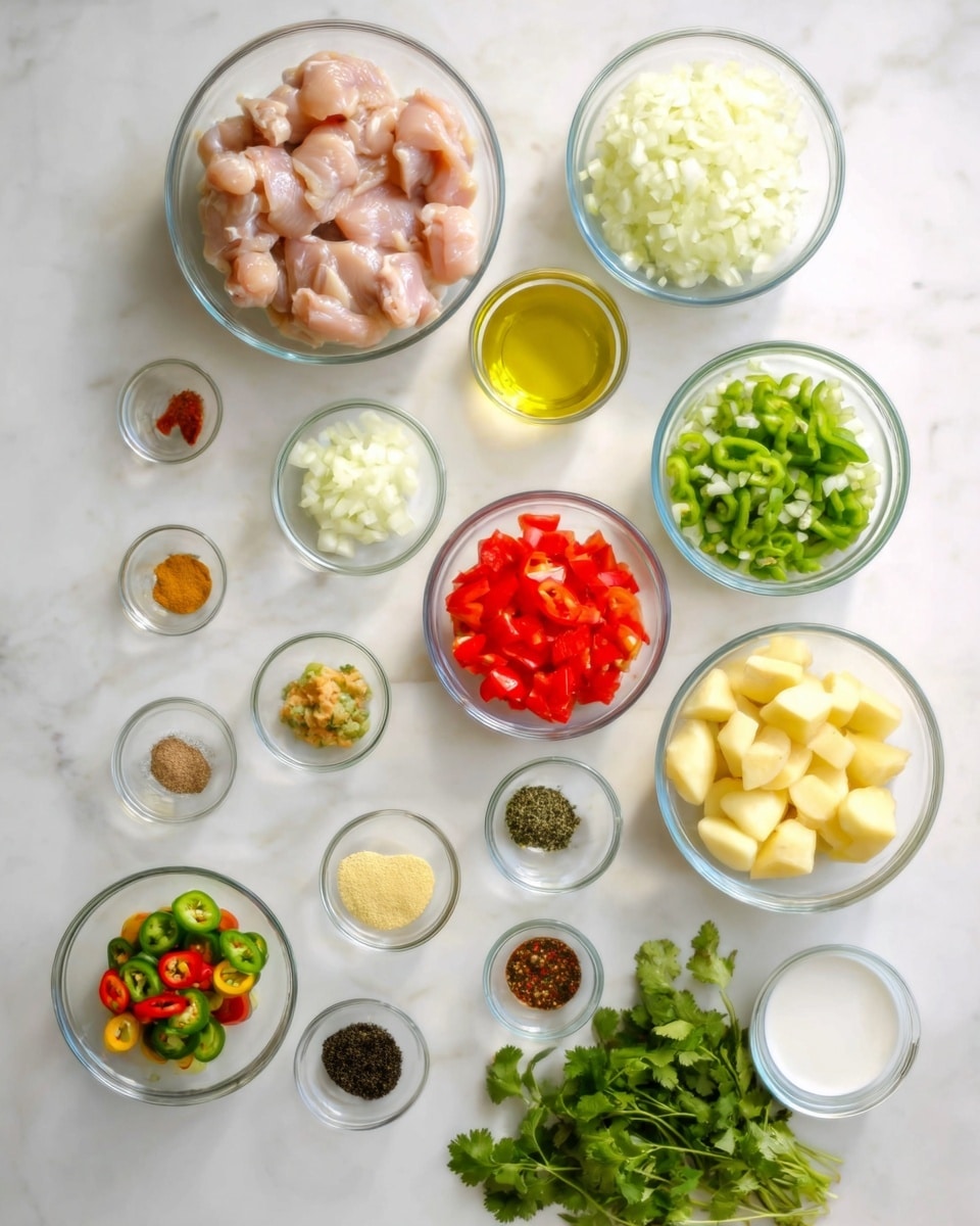 The image shows an overhead view of 16 clear glass bowls arranged loosely on a white marbled surface. At the top left, a large bowl holds raw light pink chicken pieces. To its right, a small bowl contains pale yellow oil, and next to it is a large bowl of finely chopped white onions. Below the chicken bowl, a medium bowl has bright green chopped green peppers, while the center holds a medium bowl of red diced tomatoes. Beside the tomatoes is a small bowl with round sliced green and orange chili peppers, and next to that is a small bowl of finely minced pale yellow ginger. Below these, scattered small bowls contain different colored spices: black, bright yellow, green, and dark brown powders. Near the bottom left is a bunch of fresh green cilantro, and at the bottom right, a medium bowl with chunks of pale yellow potatoes. A small bowl of white liquid is near the lower right side of the arrangement. A woman's hand is not visible but implied for scale. photo taken with an iphone --ar 4:5 --v 7